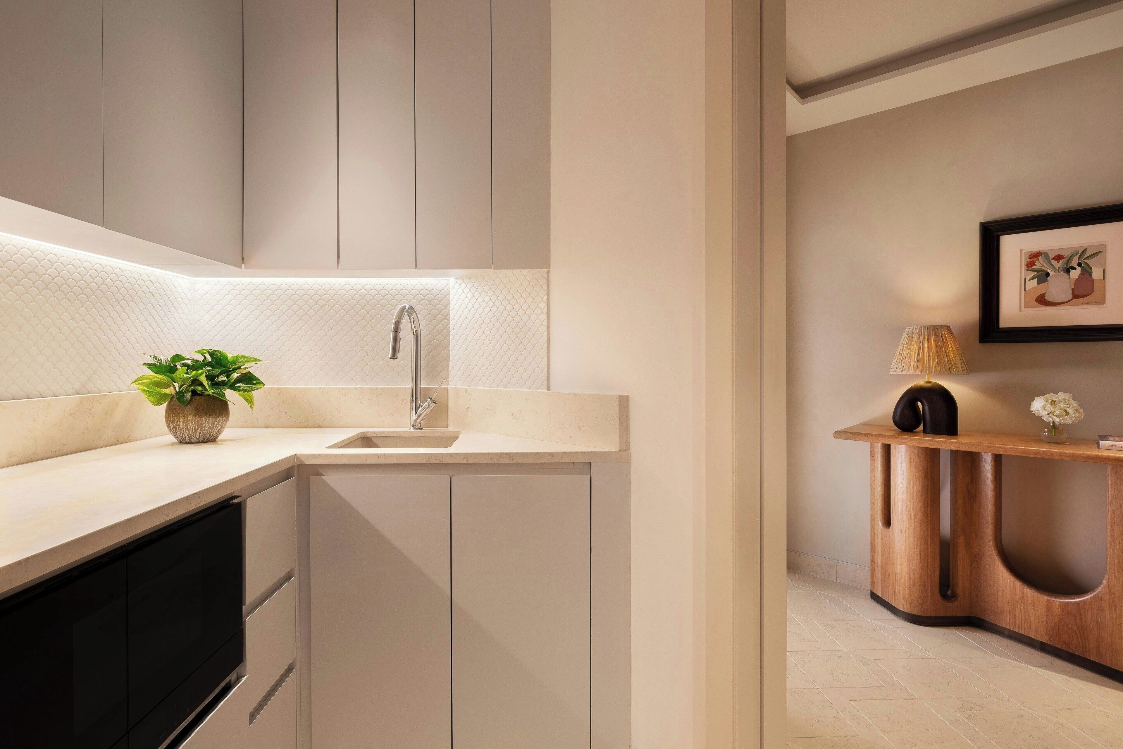 A modern kitchen with a built-in dishwasher, a sink, and a countertop with a potted plant.