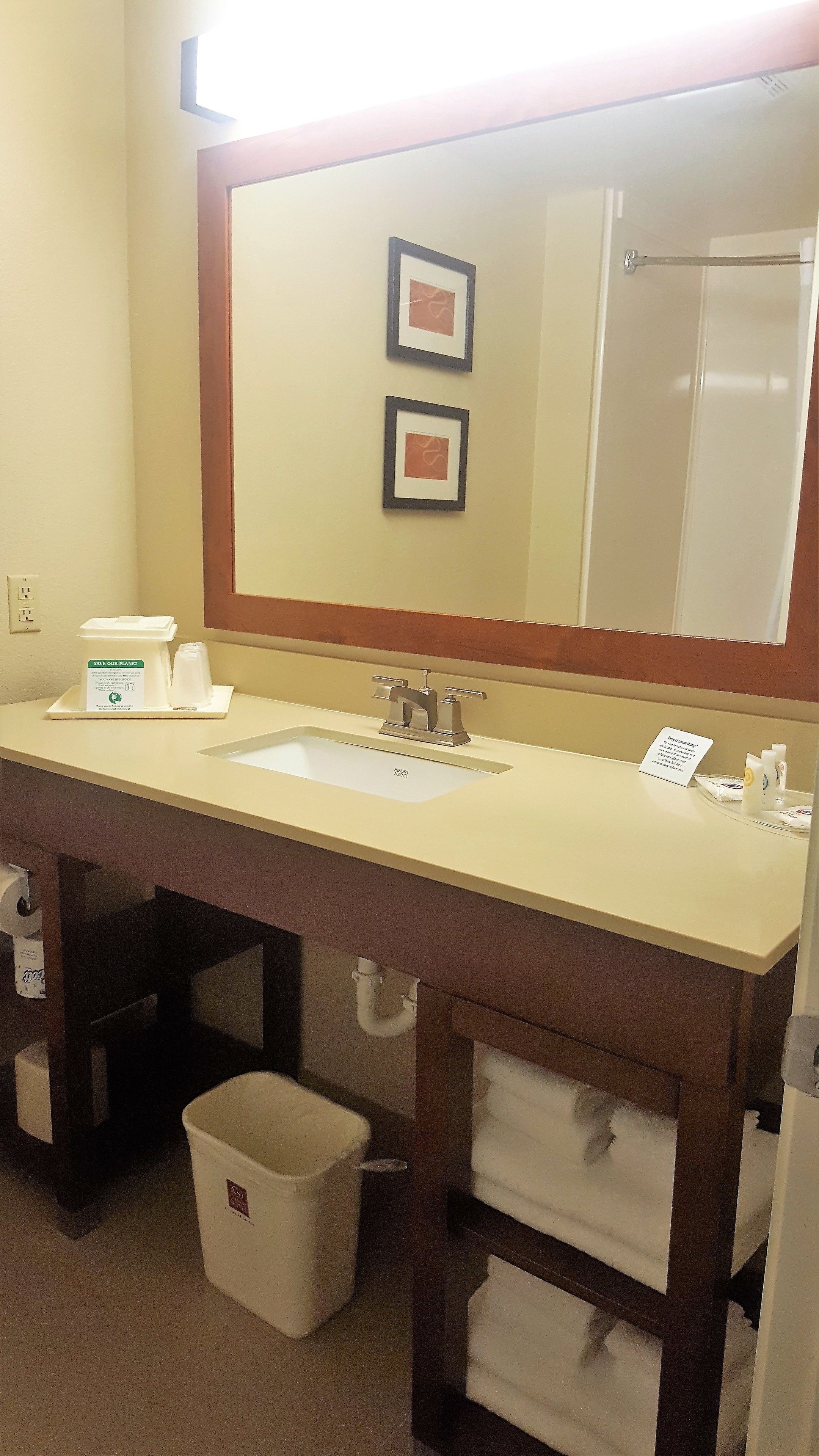 combined shower/bathtub, free toiletries, hair dryer, towels