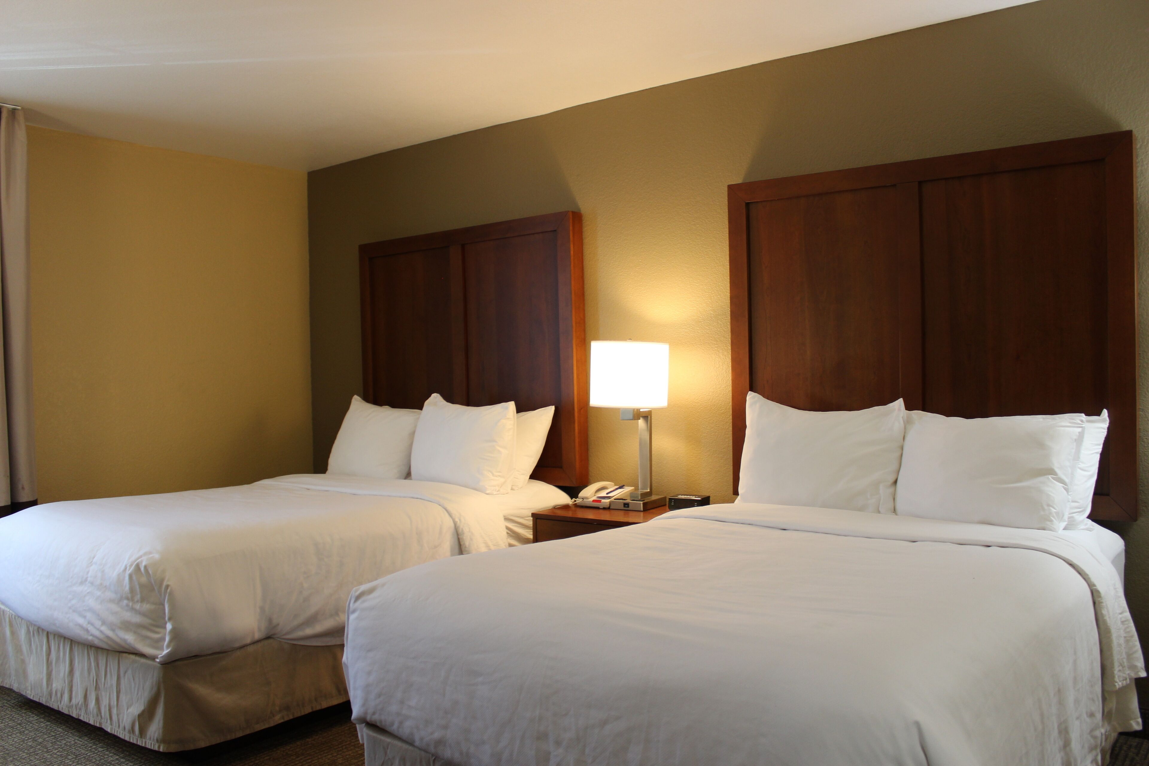 A hotel room with two beds, wooden headboards, a bedside table with a lamp, and a telephone.