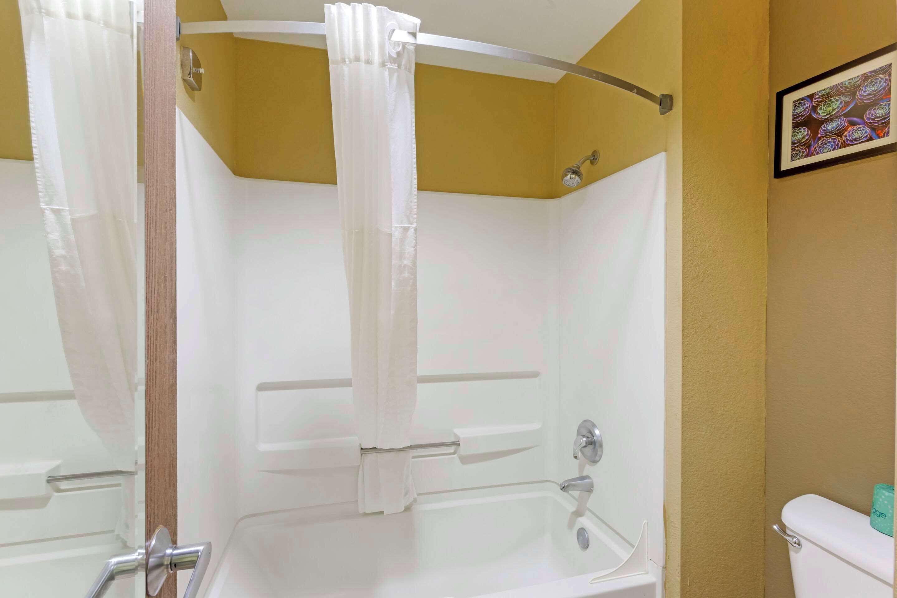 Une salle de bain avec une baignoire, des toilettes et un rideau de douche.