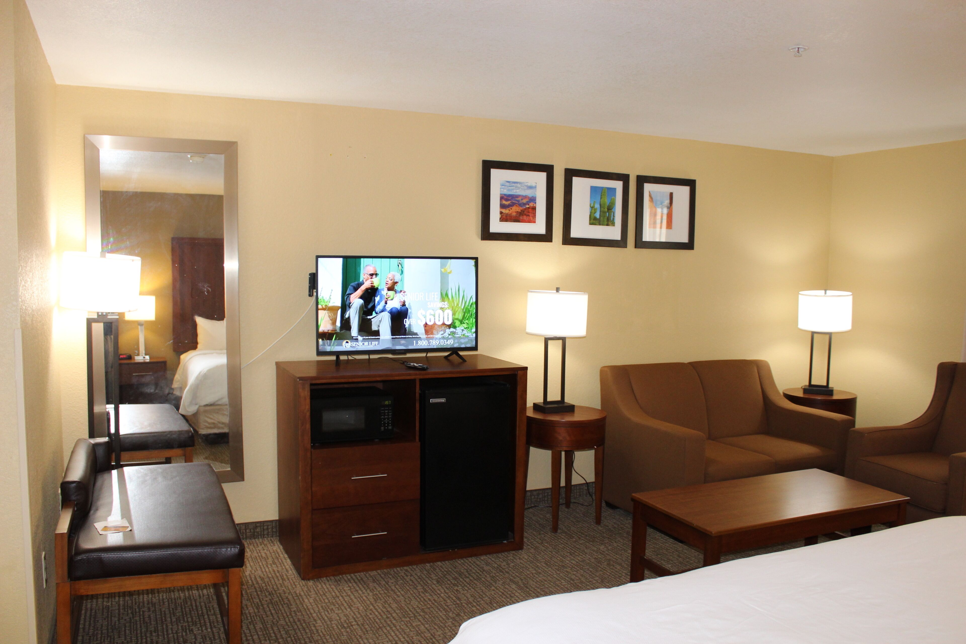 Ein Hotelzimmer mit einem Bett, einem Schreibtisch mit Computer, einem Fernseher, einer Couch und zwei Lampen.