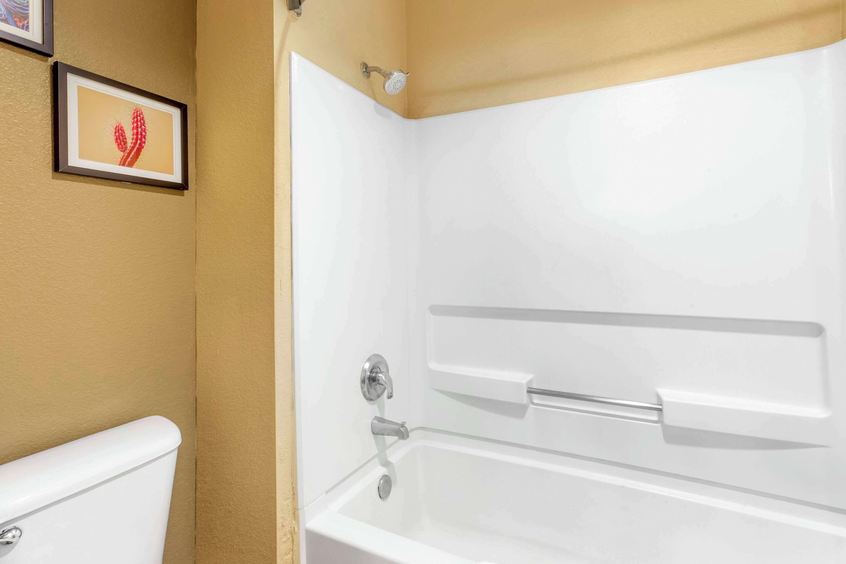 A bathroom with a white bathtub, a toilet, and a framed picture on the wall.