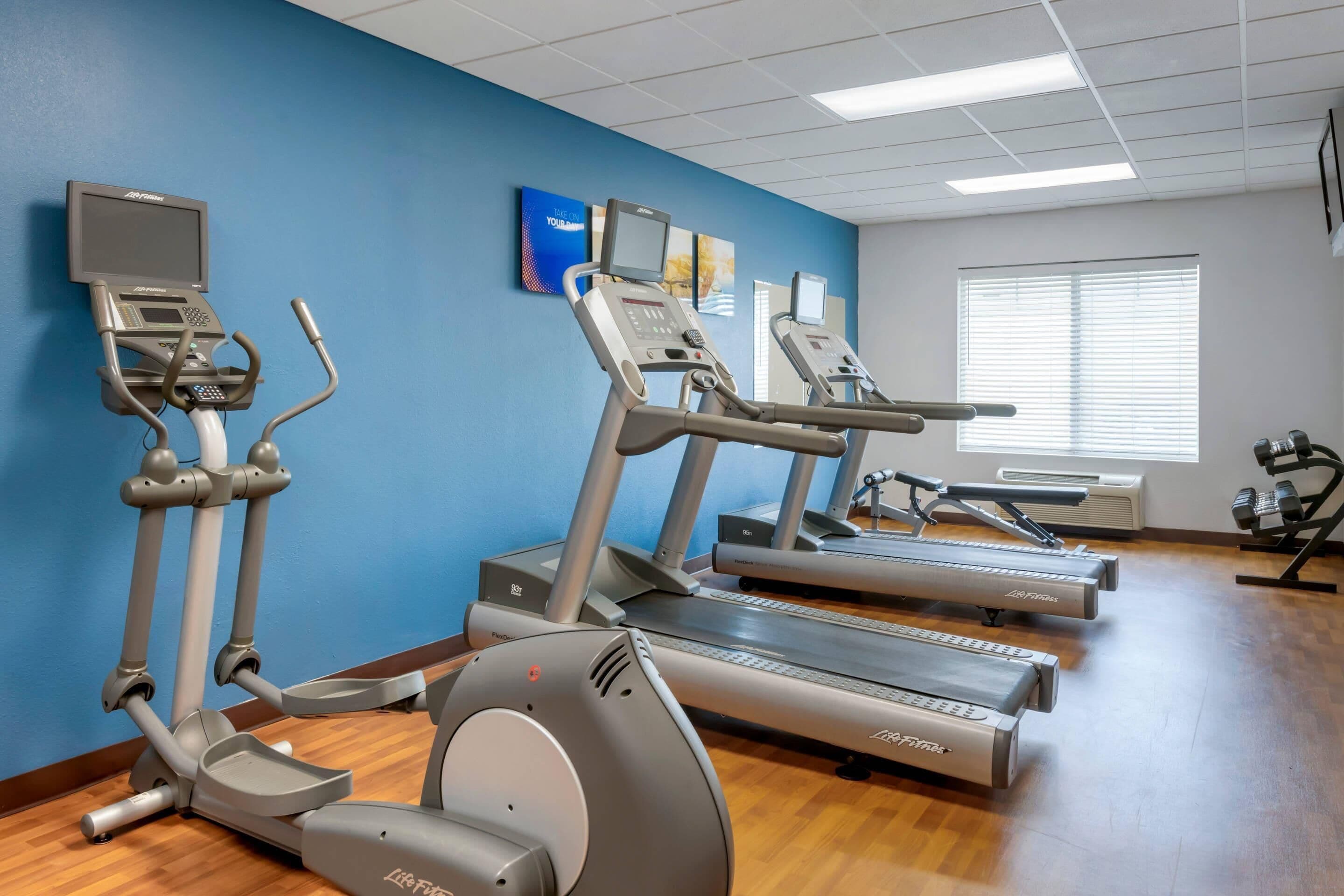 A gym with treadmills, elliptical machines, and a rowing machine.