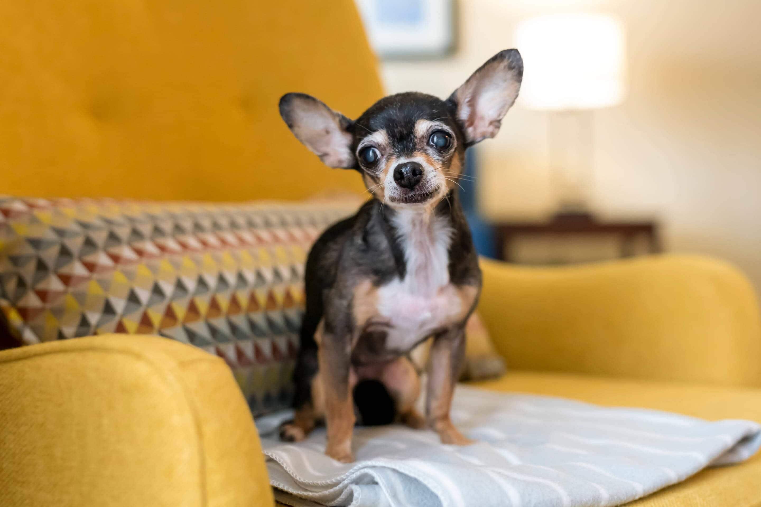 A small dog sitting on a yellow couch with a patterned cushion.