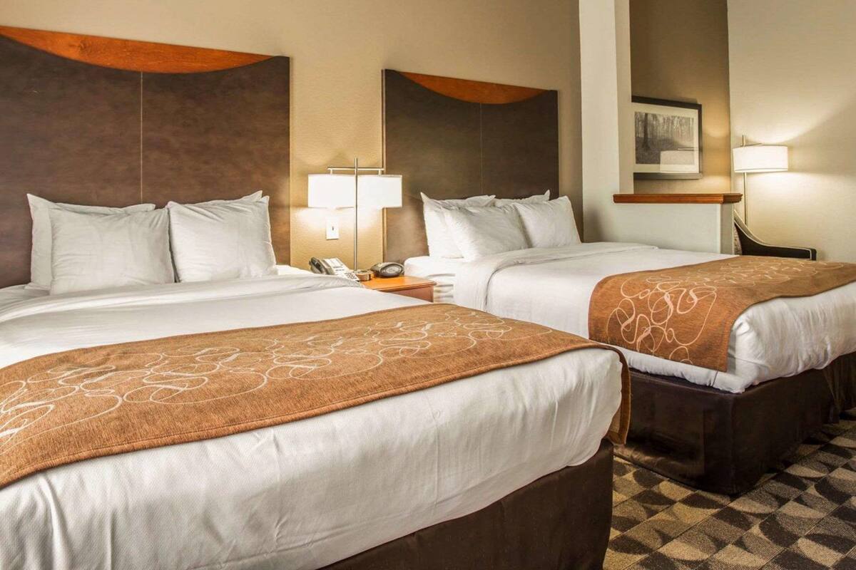 A hotel room with two beds, a nightstand with a lamp, and a painting on the wall.
