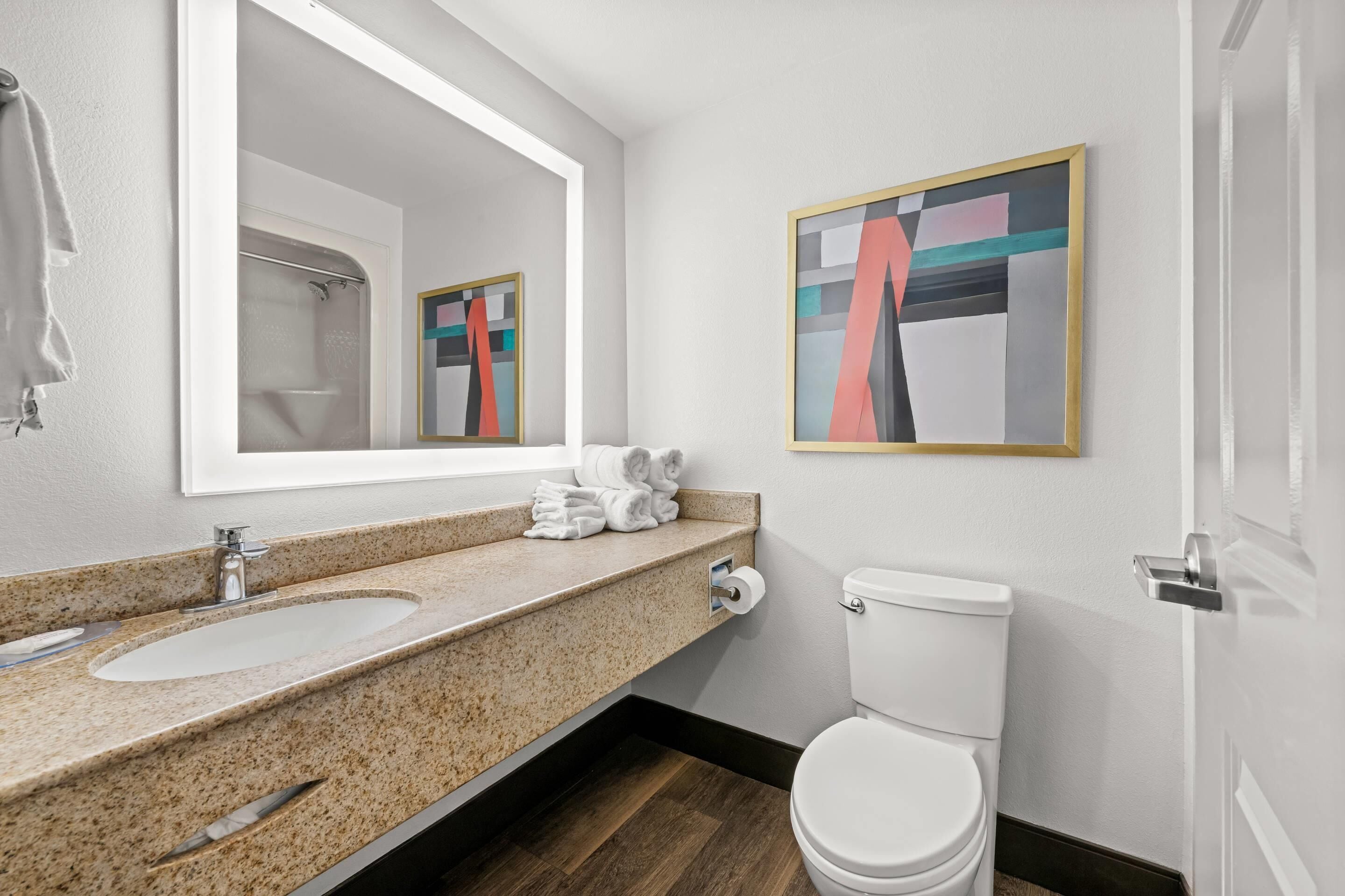 A modern bathroom with a granite countertop, a sink, a toilet, and a large mirror.