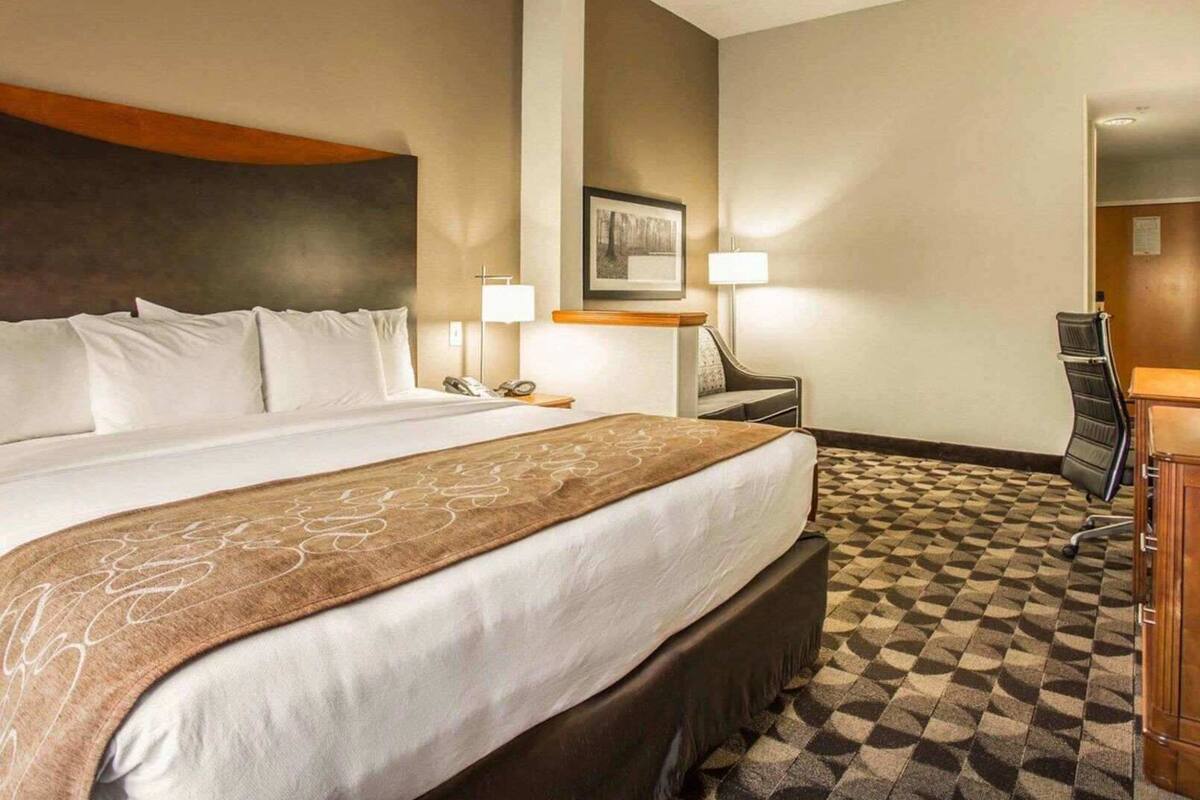 A hotel room with a large bed, a desk, a chair, a lamp, and a framed picture on the wall.