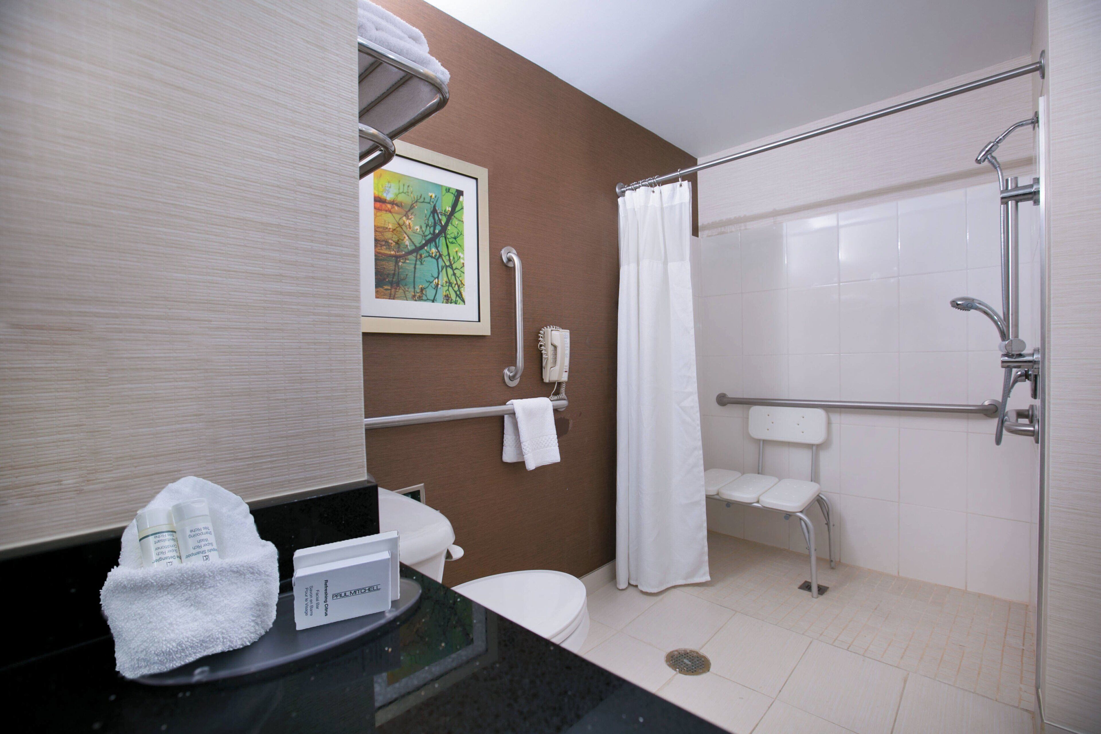 combined shower/bathtub, free toiletries, hair dryer, towels