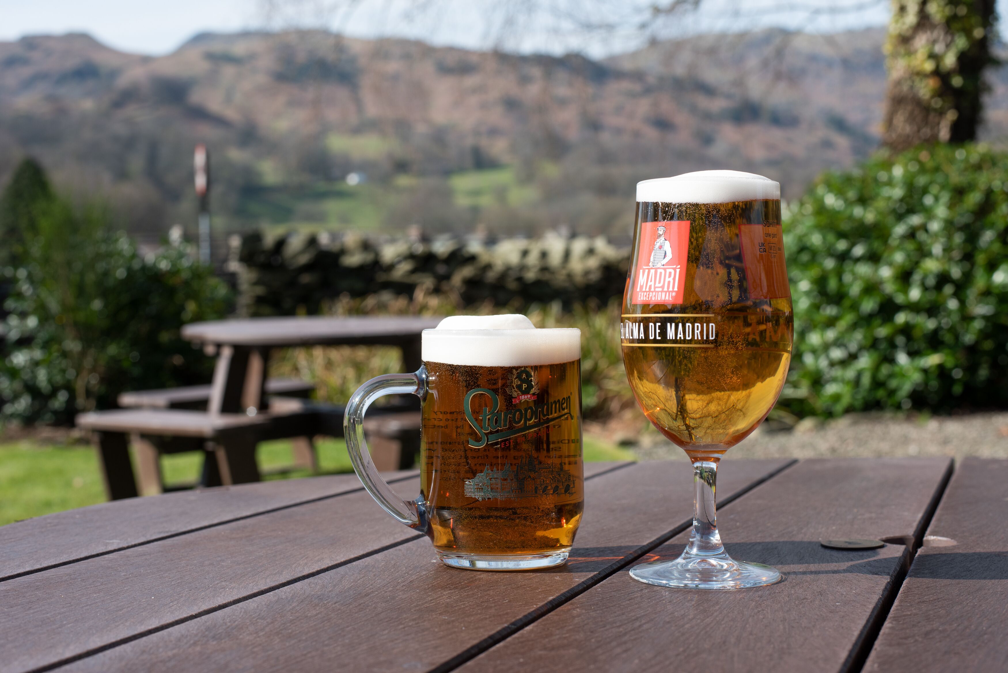 Two beer mugs on a wooden table with a scenic view of mountains in the background.