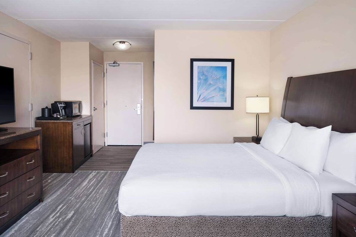 A hotel room with a large bed, a desk with a computer, a television, and a framed picture on the wall.