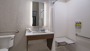 Casa de banho com sanita, lavatório, espelho, chuveiro e porta-toalhas.