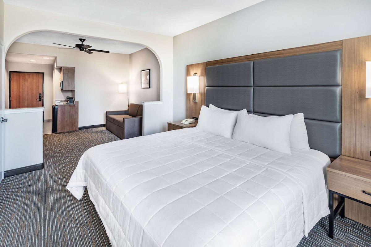 Une chambre d’hôtel avec un grand lit, un bureau, une chaise, une lampe de bureau, un téléphone et un ventilateur de plafond.