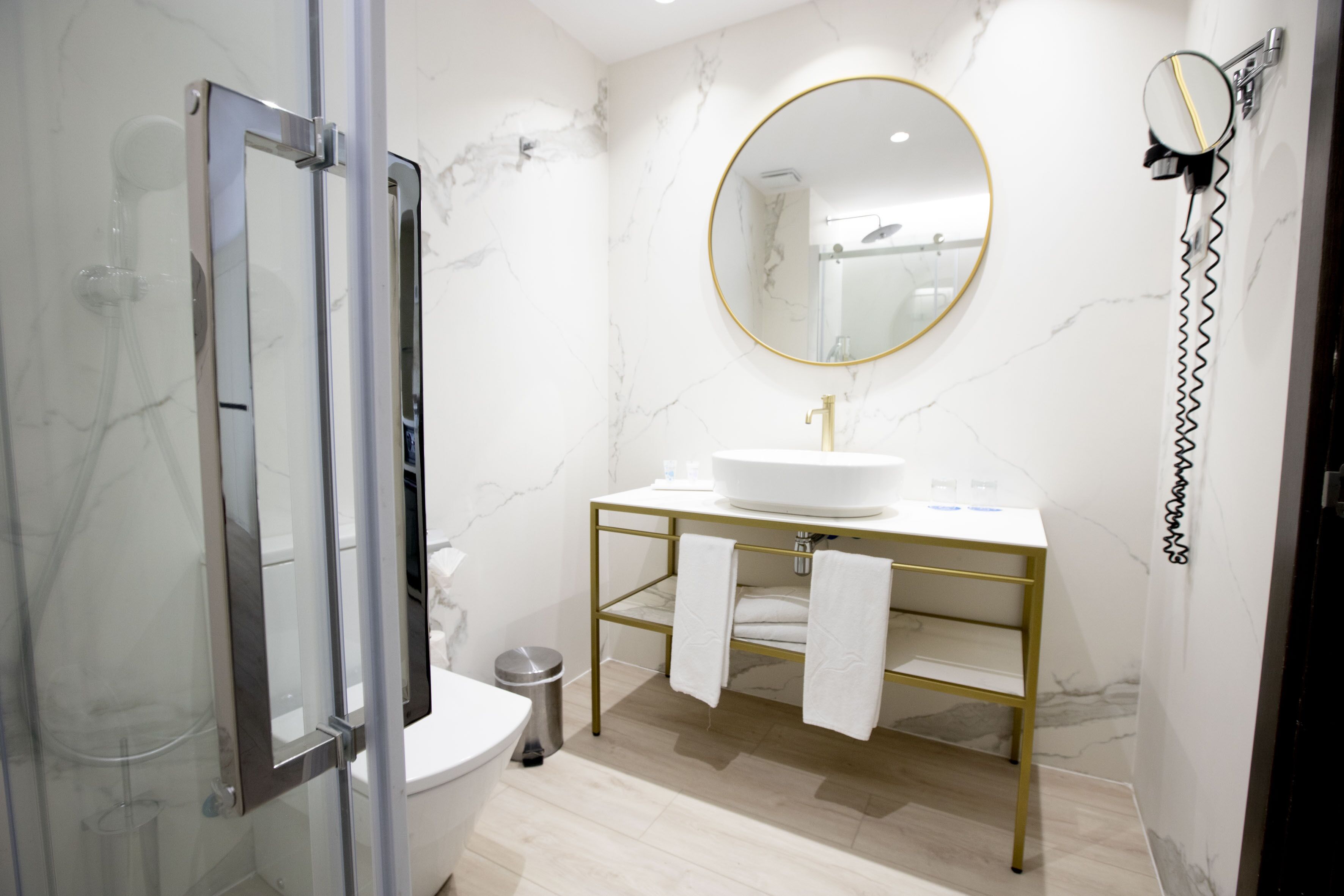 bathtub, hair dryer, bidet, towels