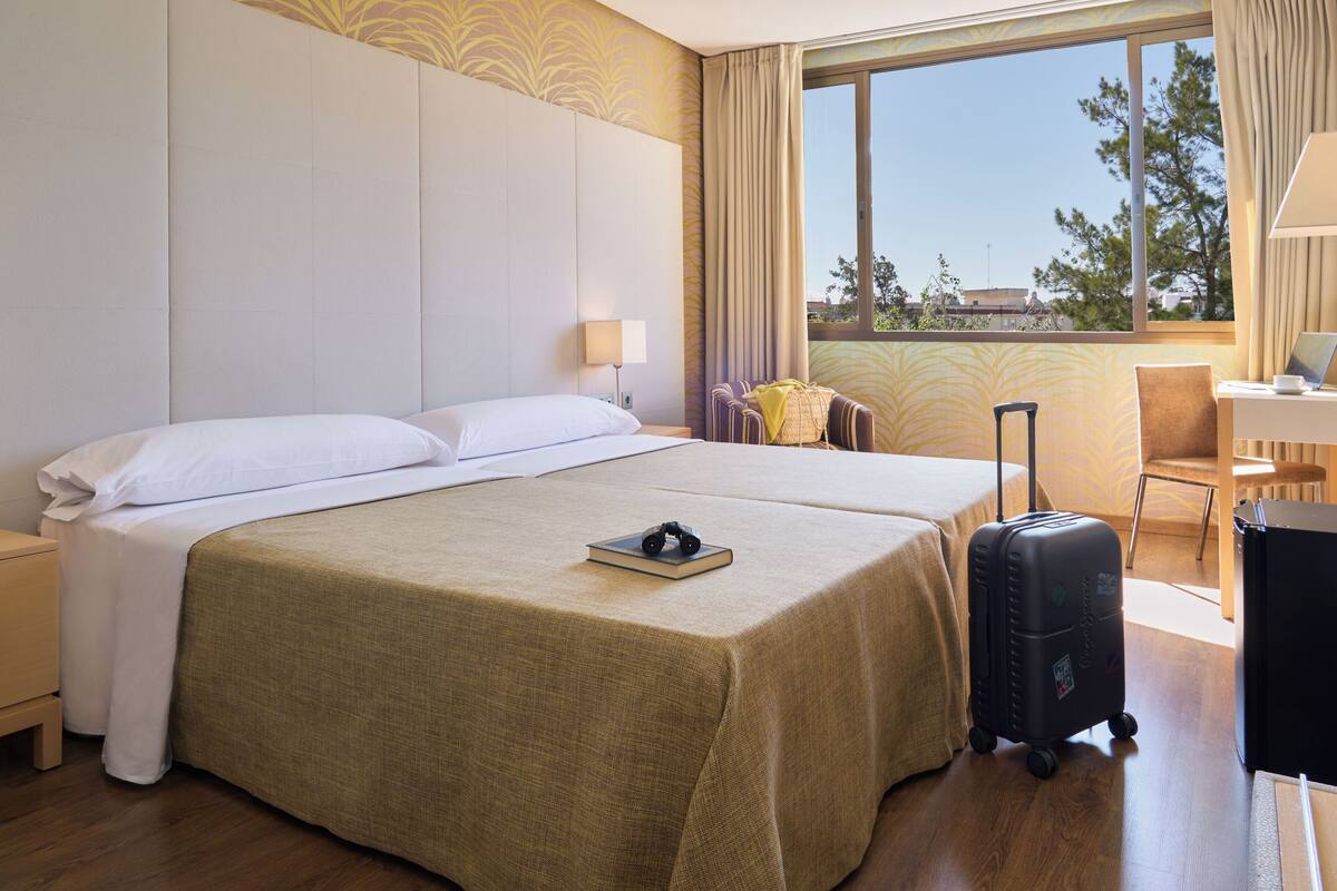 Habitación de hotel con una cama grande, un escritorio, una silla y una maleta.