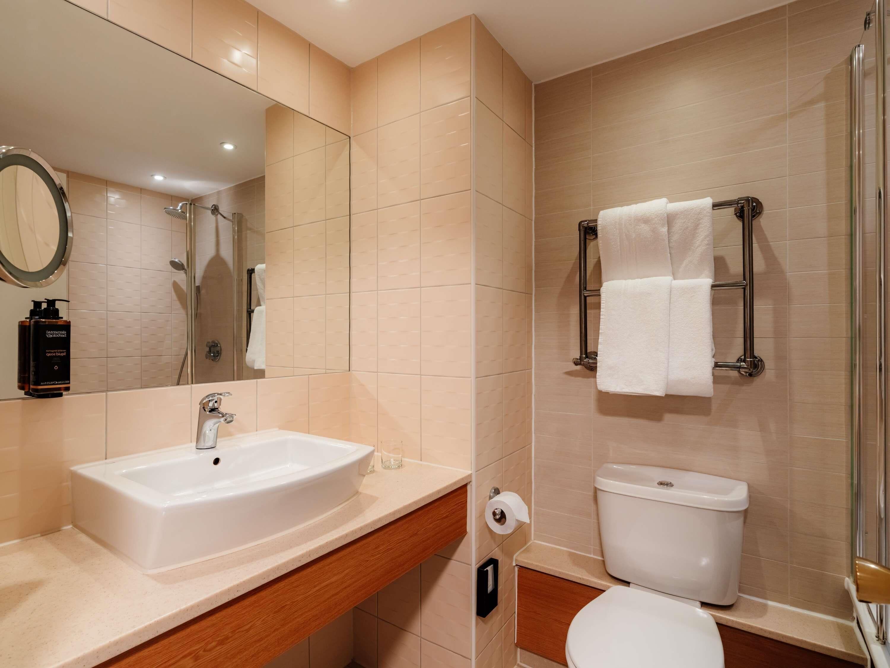 Een badkamer met een wastafel, spiegel, toilet en douche.