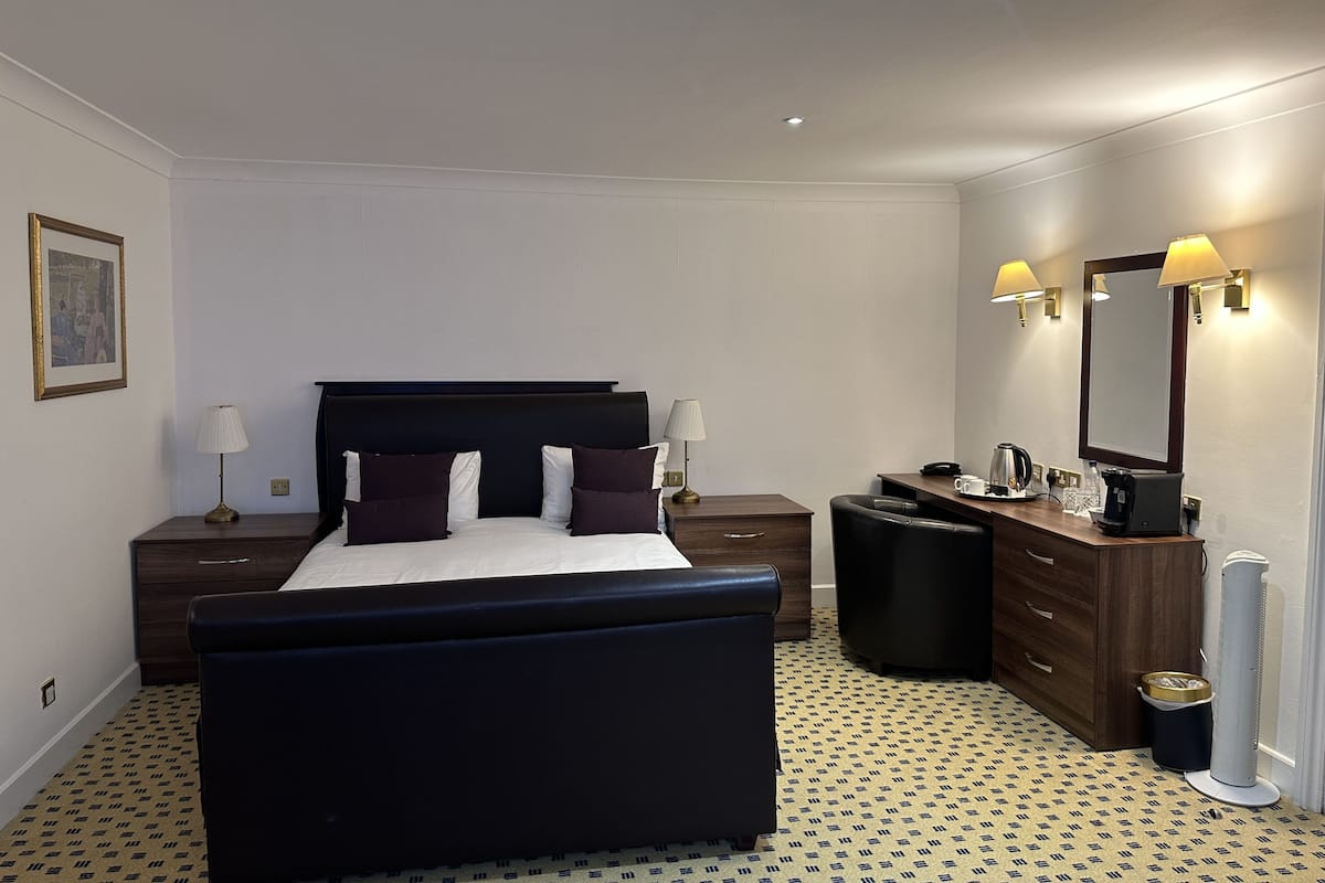Une chambre d’hôtel avec un grand lit, des tables de chevet, un bureau, un miroir et un radiateur.