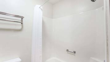 A shower area with a glass door, a metal towel rack, and a showerhead.