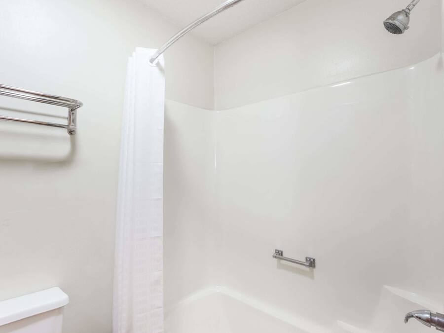 A shower area with a glass door, a metal towel rack, and a showerhead.