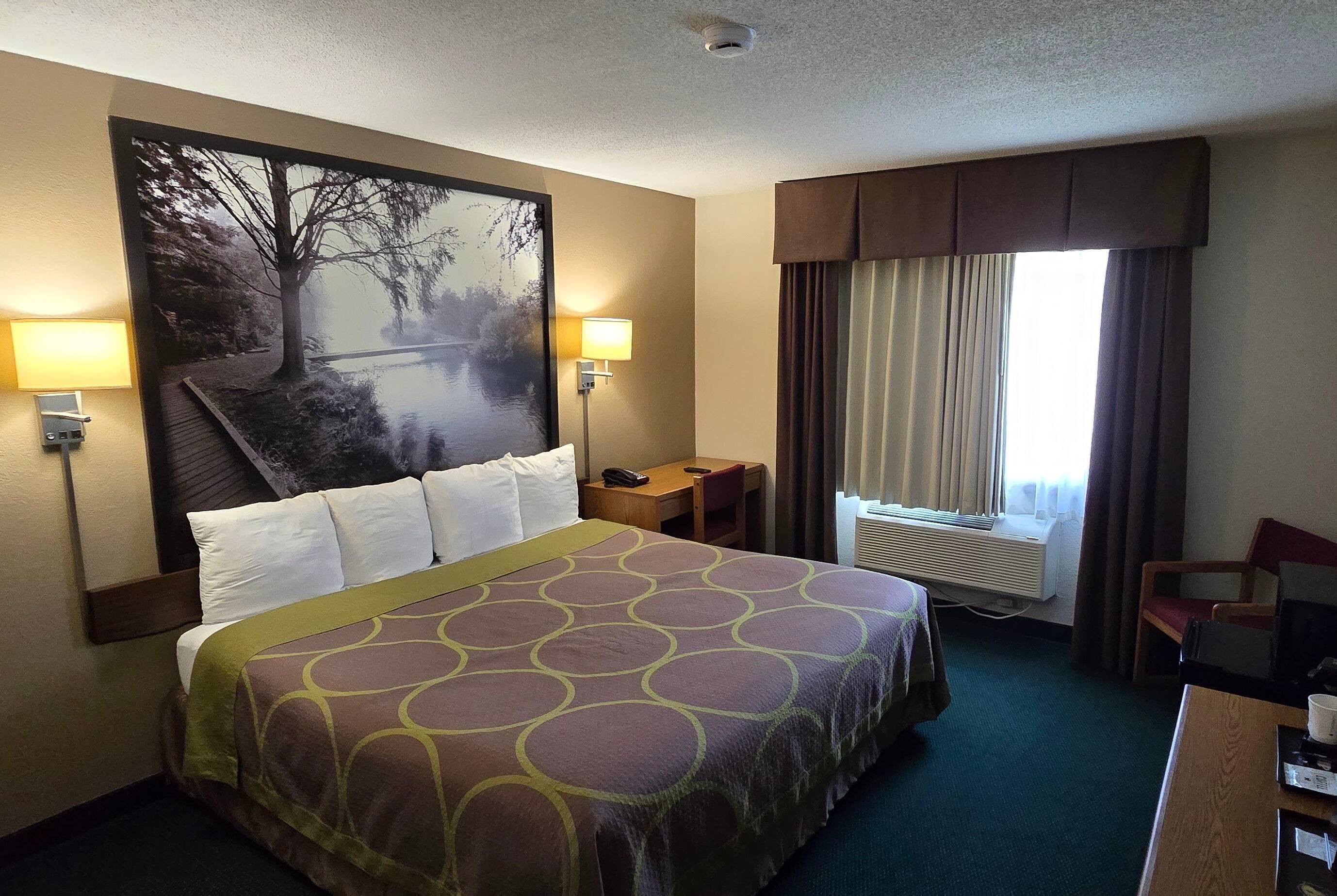 Desk, laptop workspace, blackout drapes, free WiFi