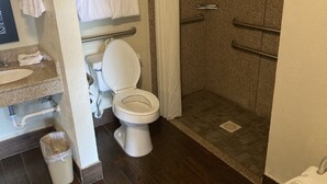 A bathroom with a toilet, sink, and shower area. - Red Roof Inn Cookeville - Tennessee Tech (Cookeville)