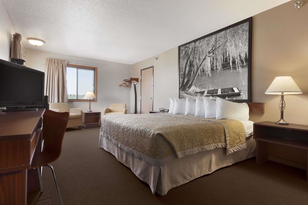 A hotel room with a bed, a desk, a chair, a television, a window with curtains, a lamp, and a large framed picture on the wall.
