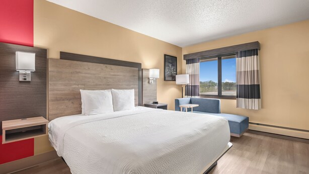 A hotel room with a large bed, bedside tables, a desk, a chair, and a window with curtains. - Ramada by Wyndham Minneapolis Golden Valley (Golden Valley)