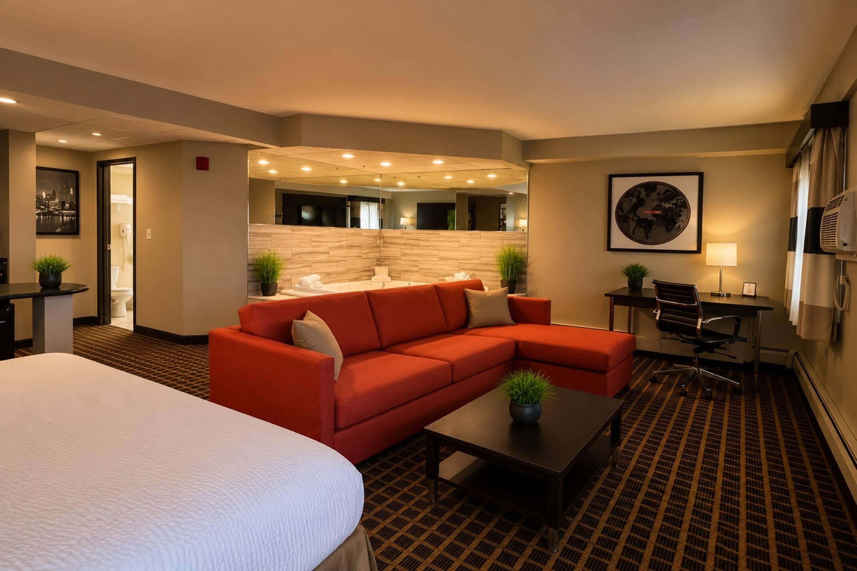 Une chambre d’hôtel avec un grand lit, un canapé rouge, une petite table, un bureau et une chaise. Il y a un miroir au mur et une plante sur la table.