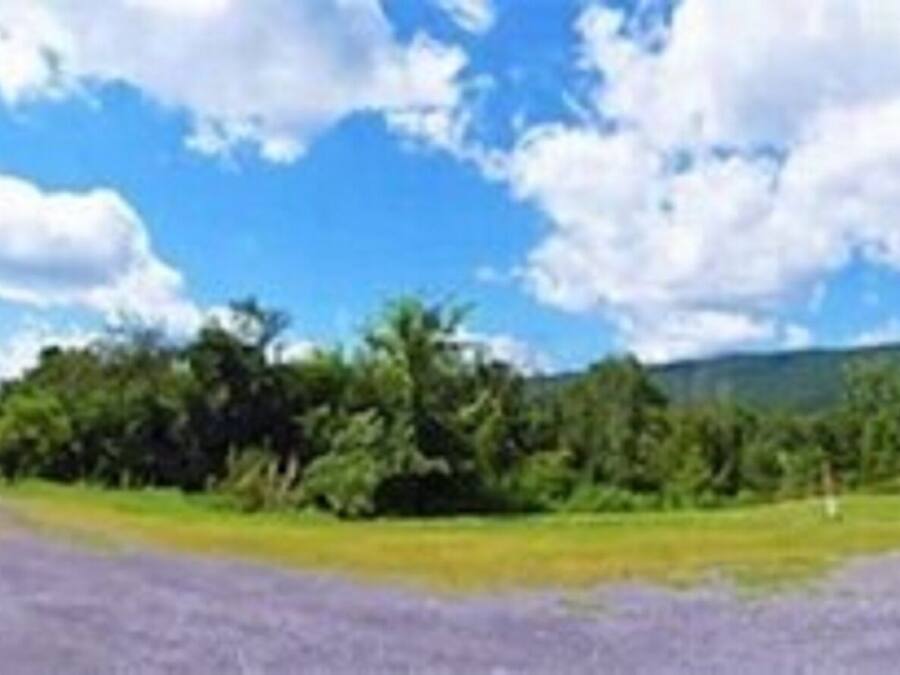 A wide view of a landscape with a hill in the background, a clear sky, and a field in the foreground.