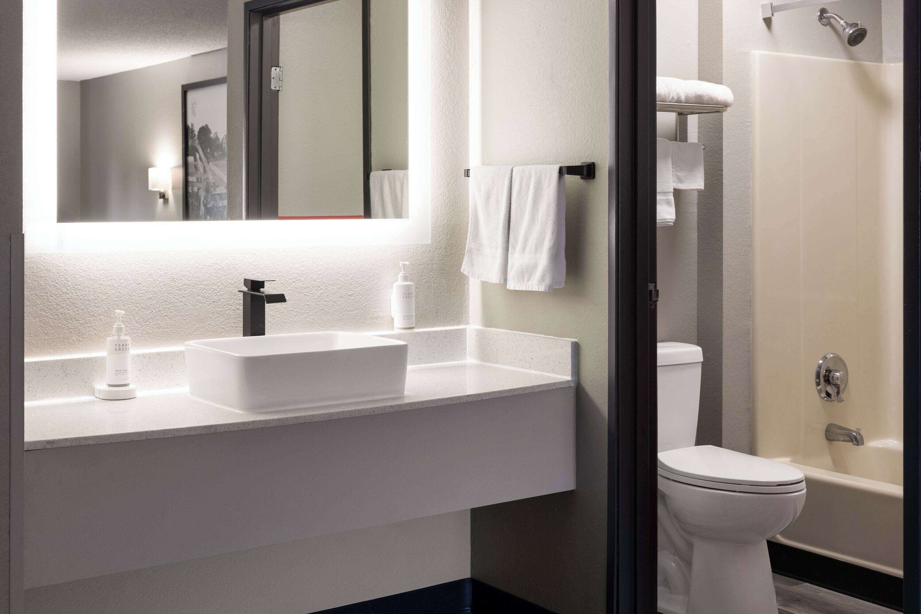 Une salle de bain moderne avec un lavabo blanc, des toilettes et une douche.
