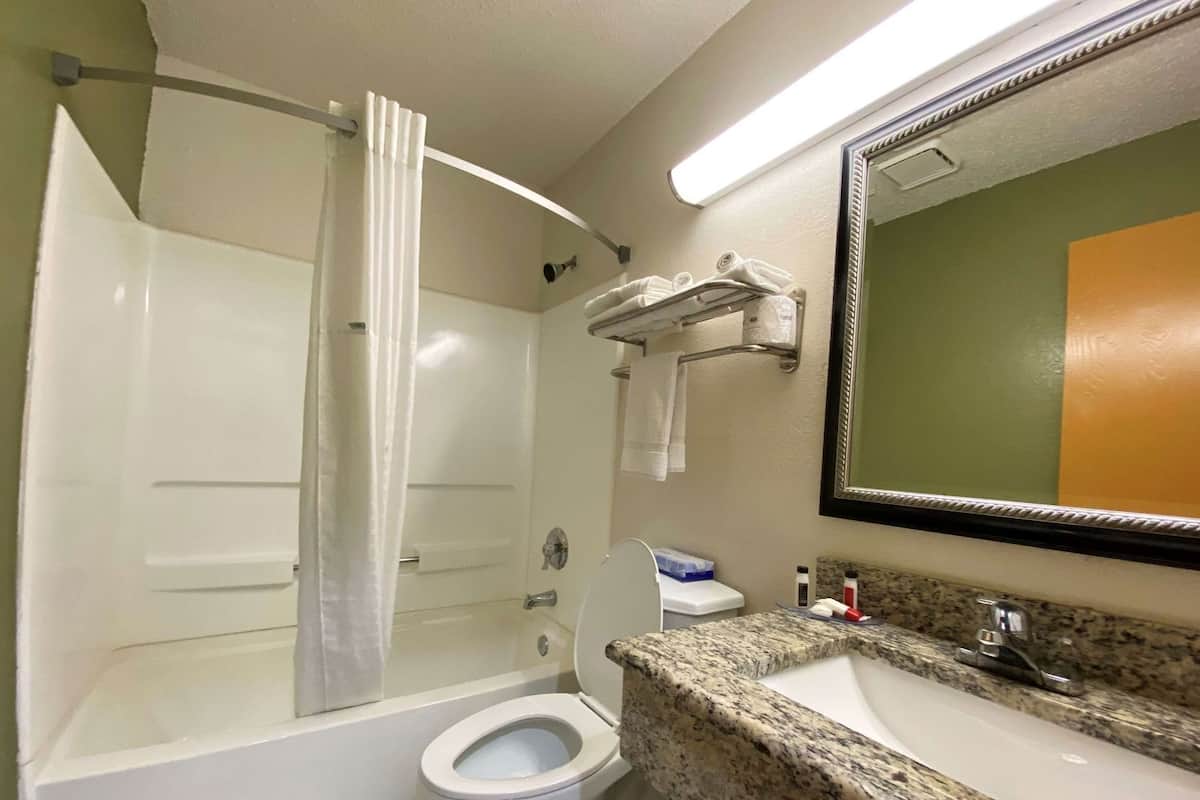 A bathroom with a shower, toilet, sink, and a mirror.