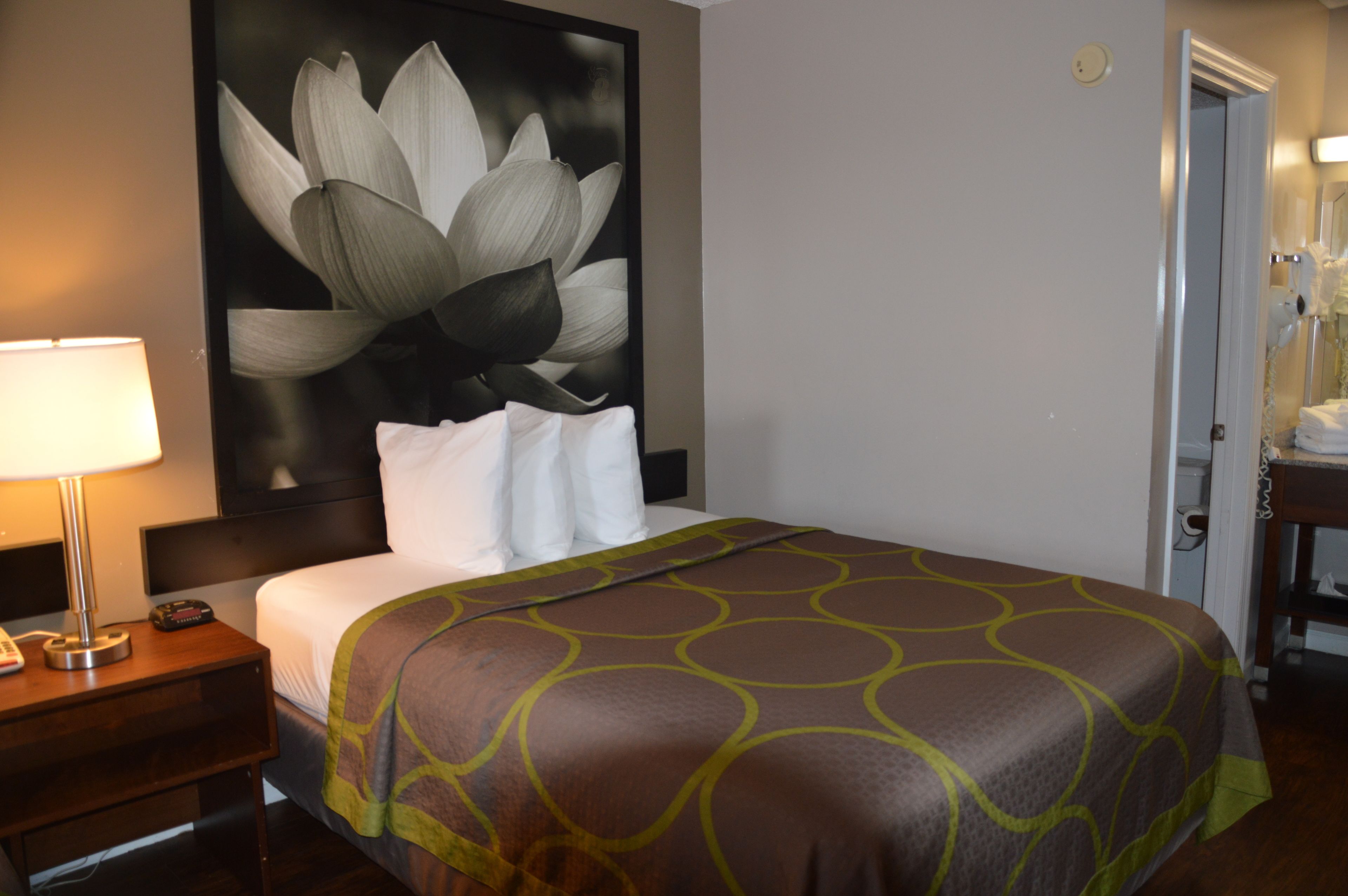 A hotel room with a large bed, a nightstand with a lamp, a wall-mounted artwork of flowers, and a door with a mirror and towel rack.