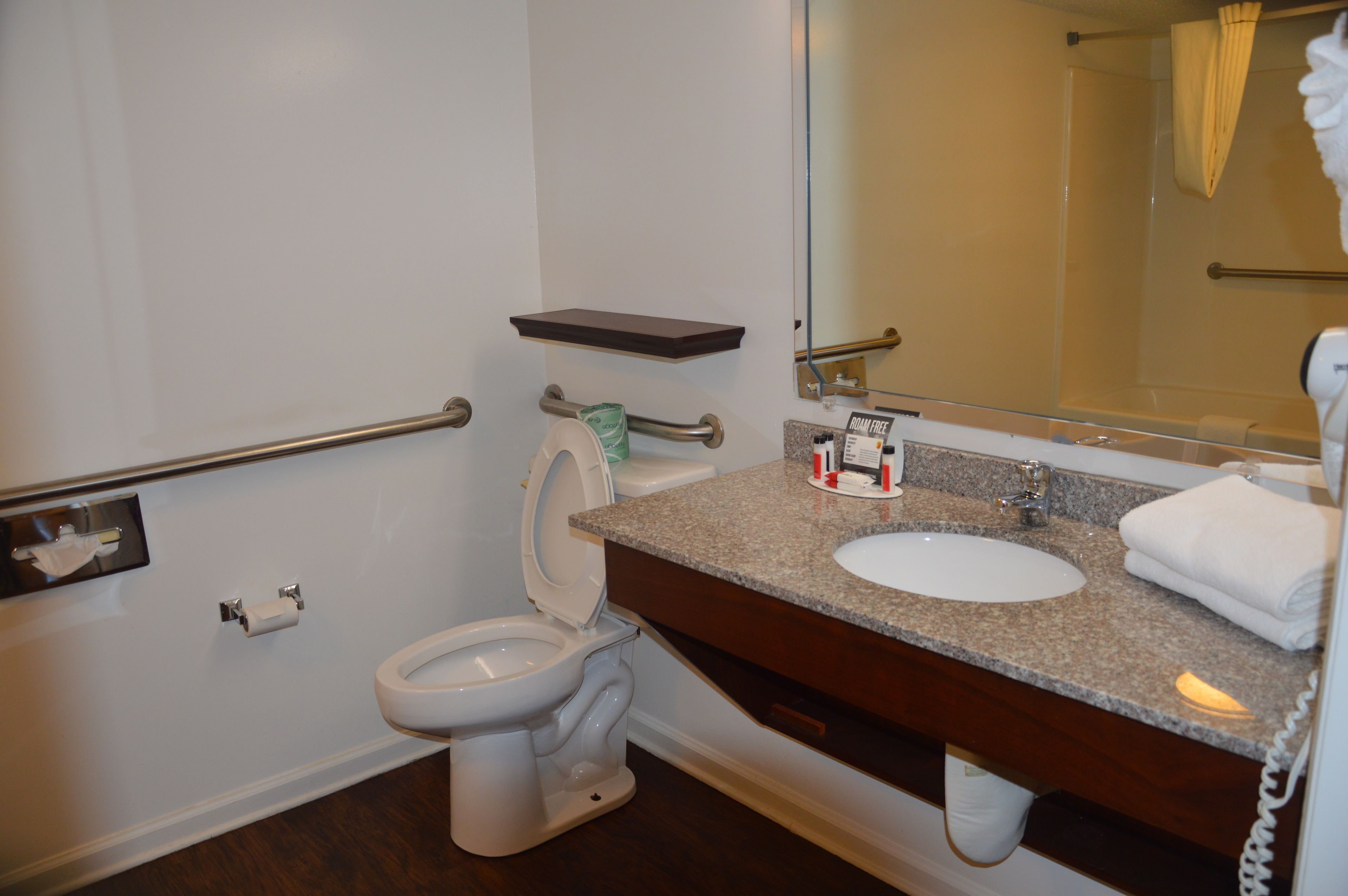 A bathroom with a white toilet, a sink, a mirror, and a towel rack.