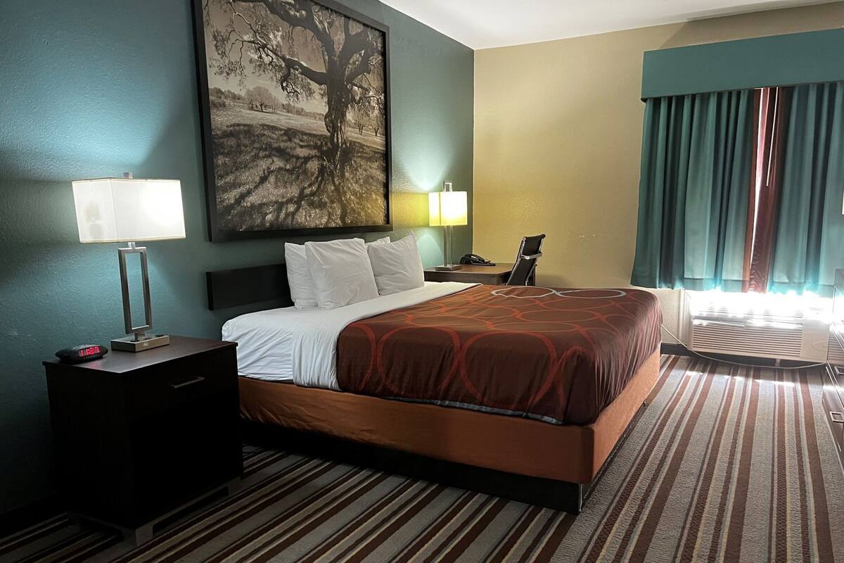 Habitación de hotel con cama, mesitas de noche, lámpara, reloj, un cuadro y ventana con cortinas.
