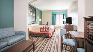 Una habitación de hotel con cama, sofá, televisión y escritorio.