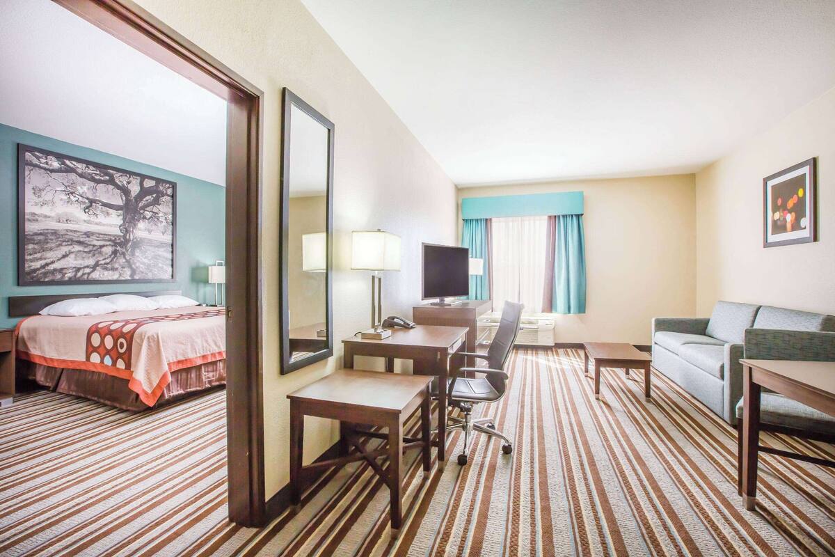 Habitación de hotel con cama, escritorio, silla y sofá.