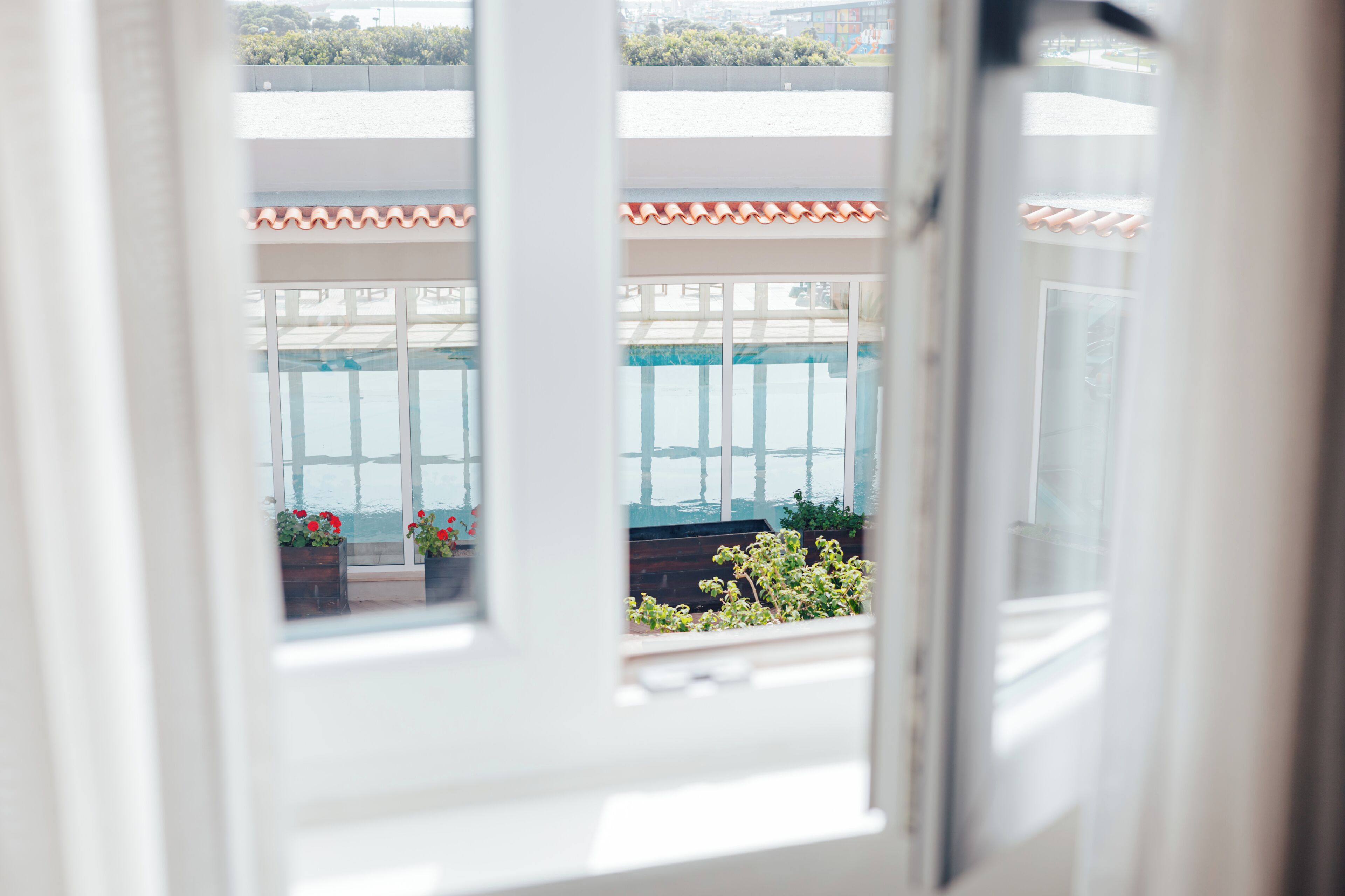 Une vue à travers une fenêtre donnant sur un balcon, une piscine et quelques plantes en pot.