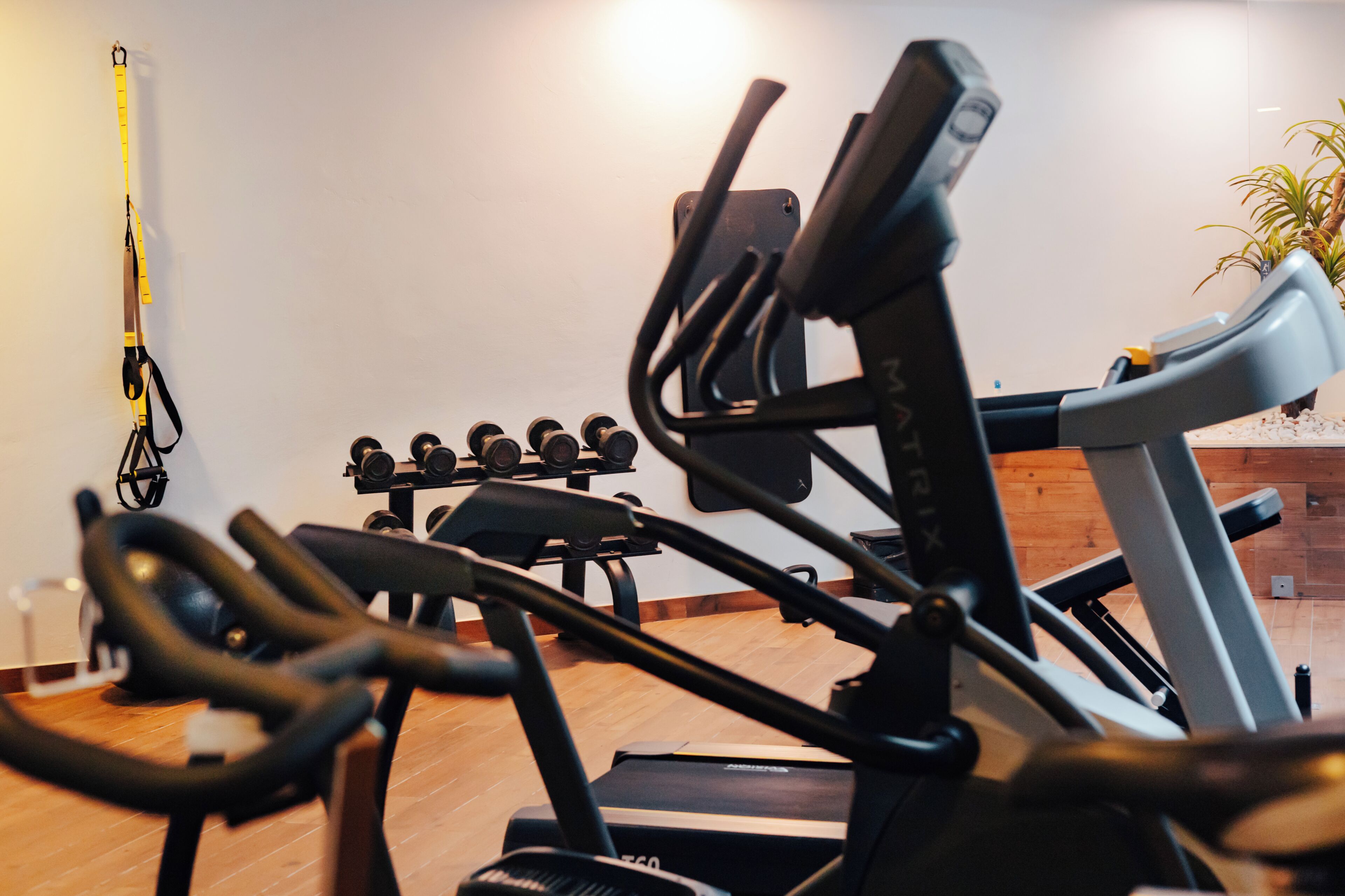 Ett gym med träningsutrustning, inklusive ett löpband och hantlar.