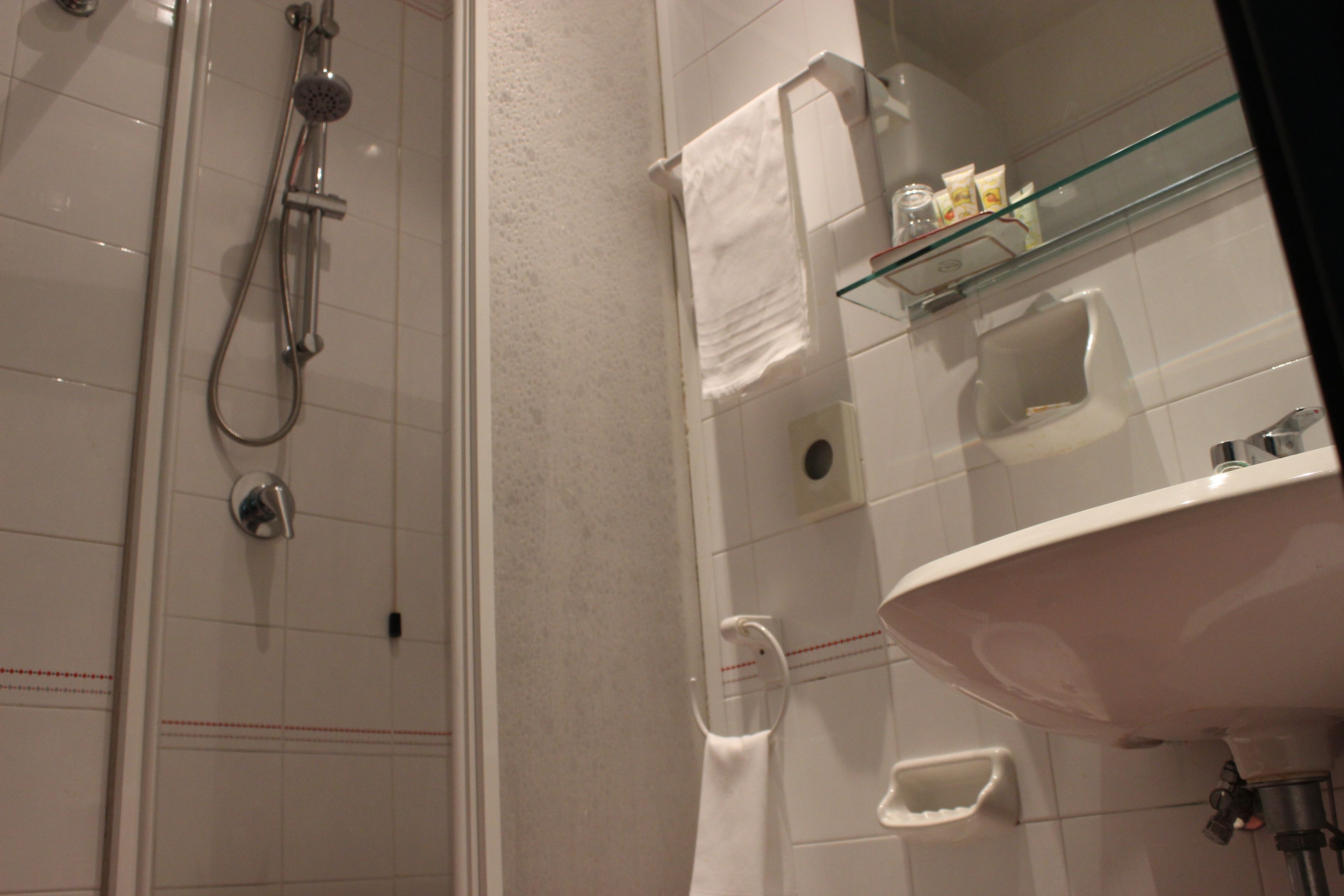 Un baño con cabina de ducha de vidrio, un lavabo blanco y un estante de vidrio con artículos de aseo.