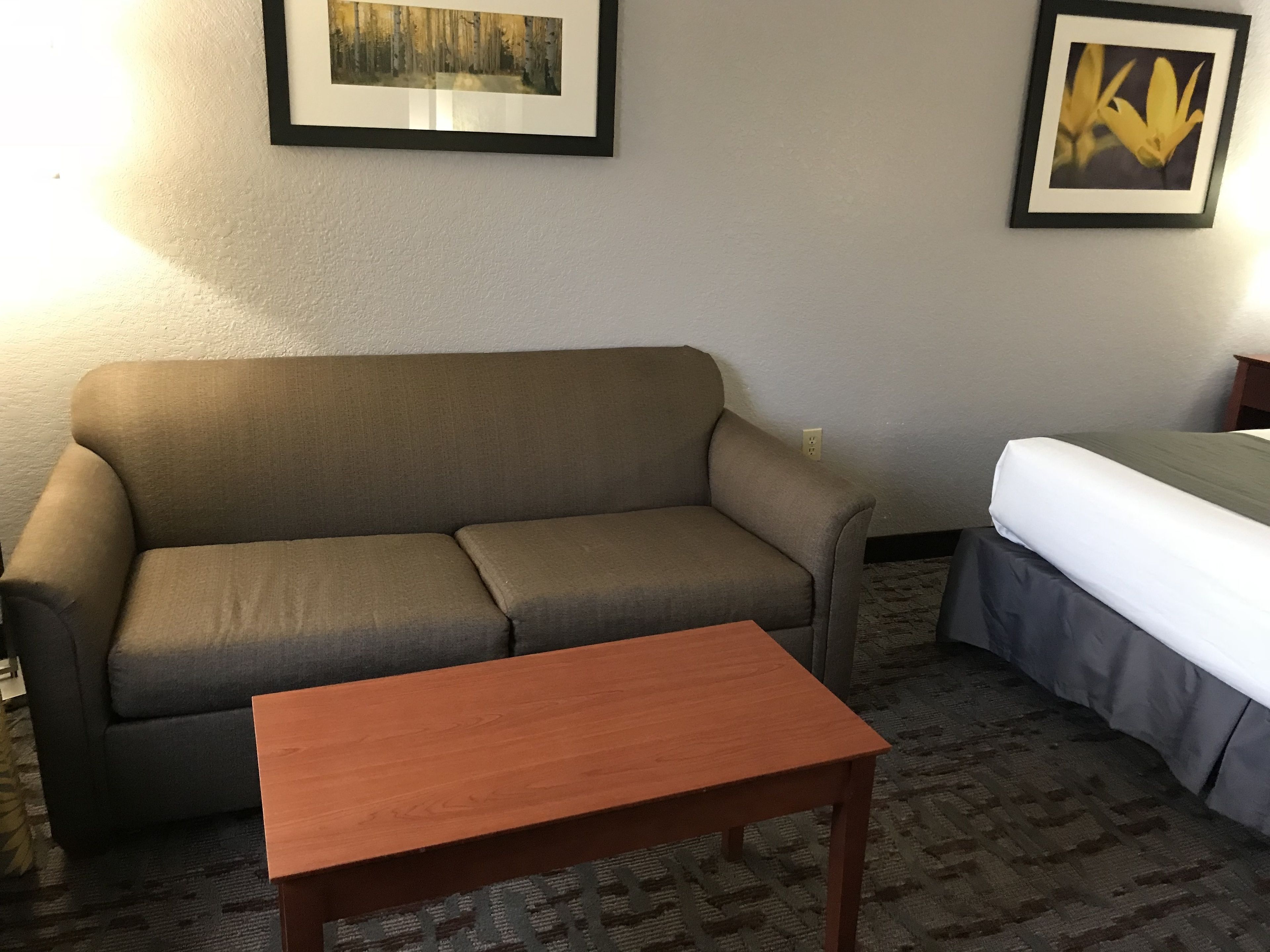 A hotel room with a sofa, a small wooden table, a bed, and two framed pictures on the wall.