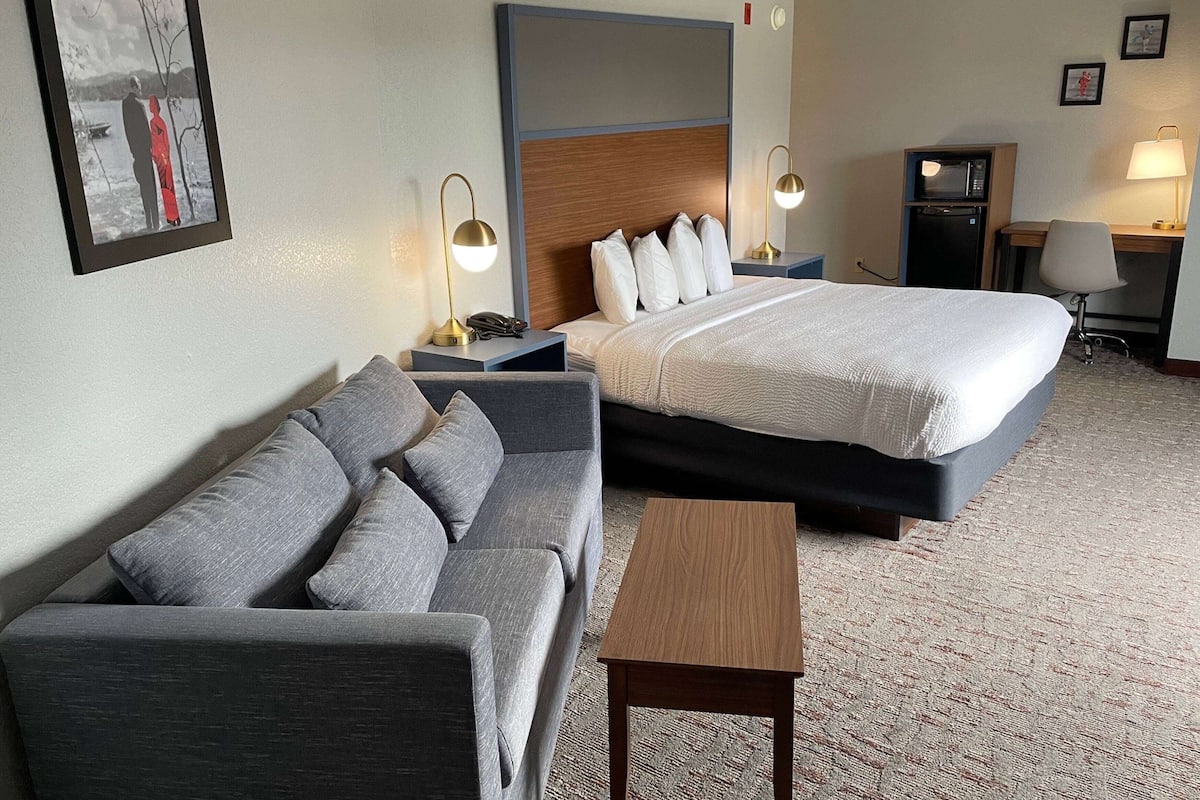A hotel room with a bed, a sofa, a desk, a chair, and a small table.