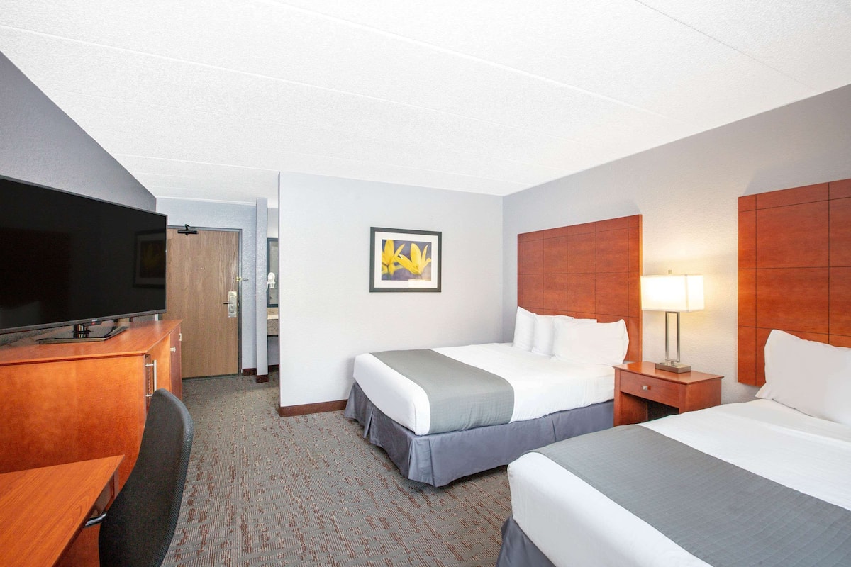 A hotel room with two beds, a desk with a TV, a lamp, and a framed picture on the wall.