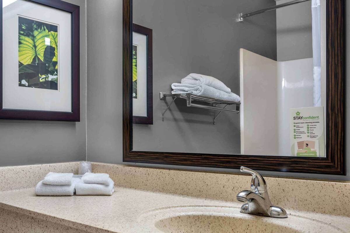 combined shower/bathtub, free toiletries, hair dryer, towels