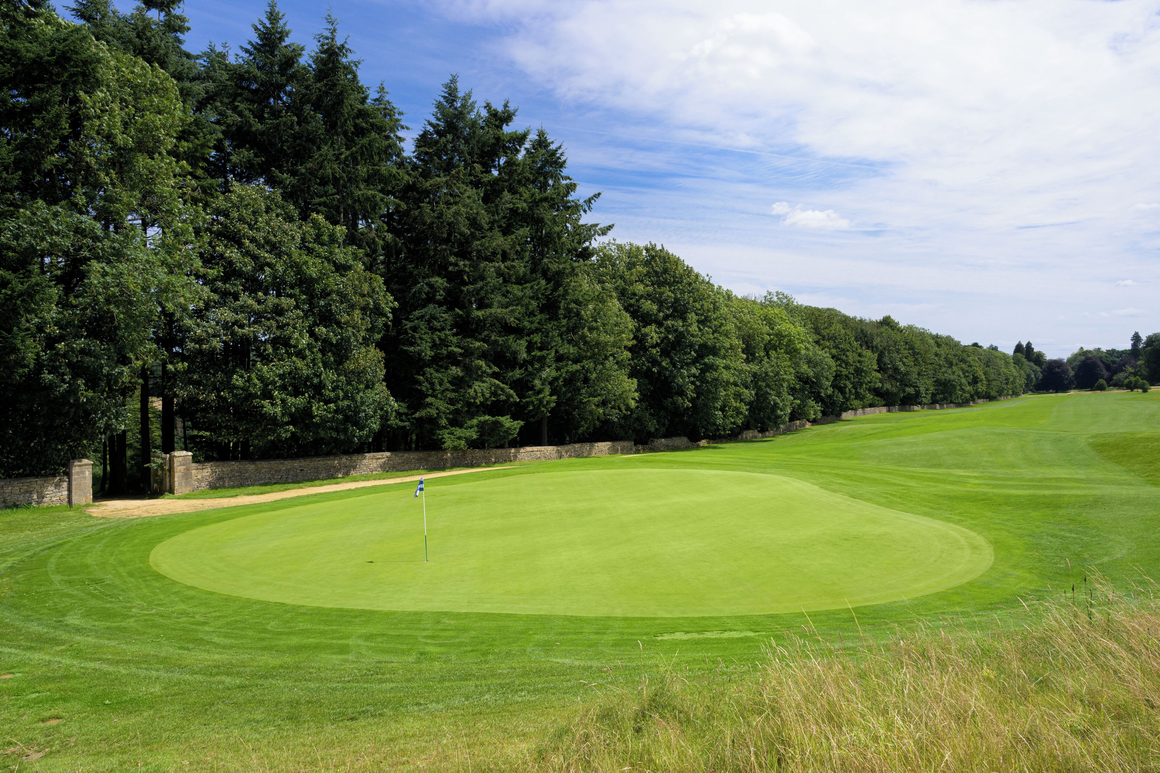 Un campo de golf con un green cuidado, un mástil con bandera y un muro de piedra con árboles al fondo.