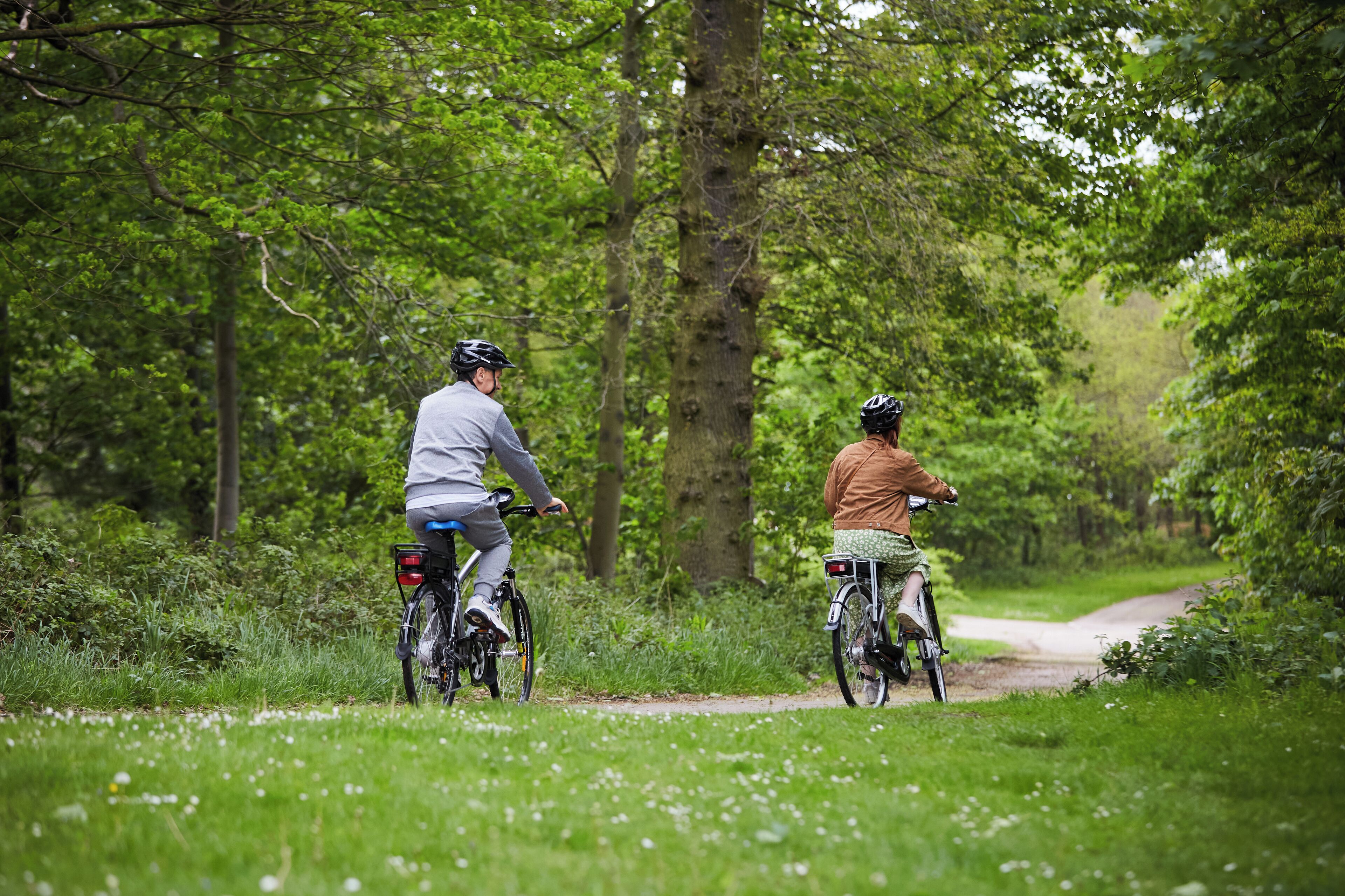 Dos ciclistas en un sendero estrecho bordeado de árboles en un área verde y exuberante.