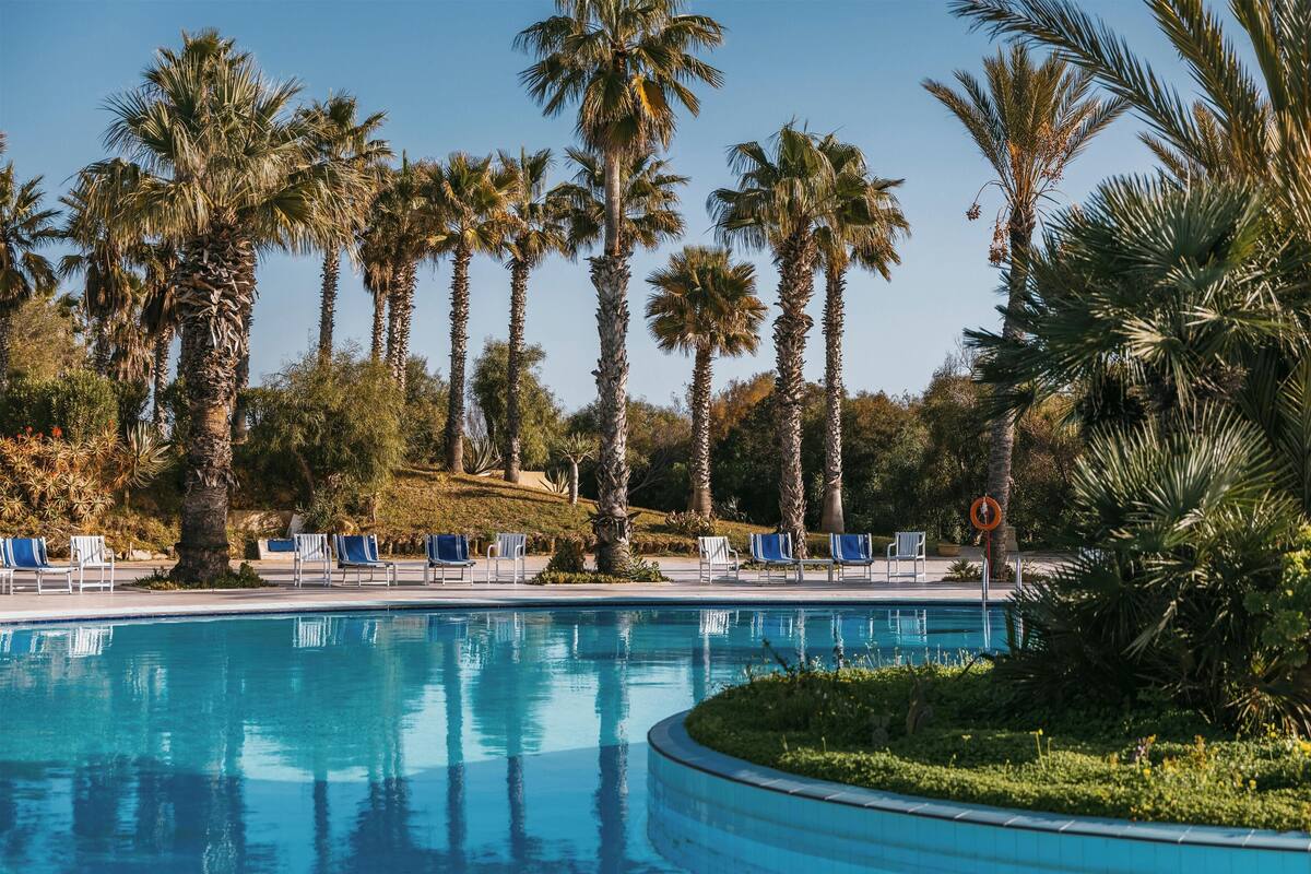 Zona de piscina con palmeras, sillas de descanso y un cartel de socorrista.