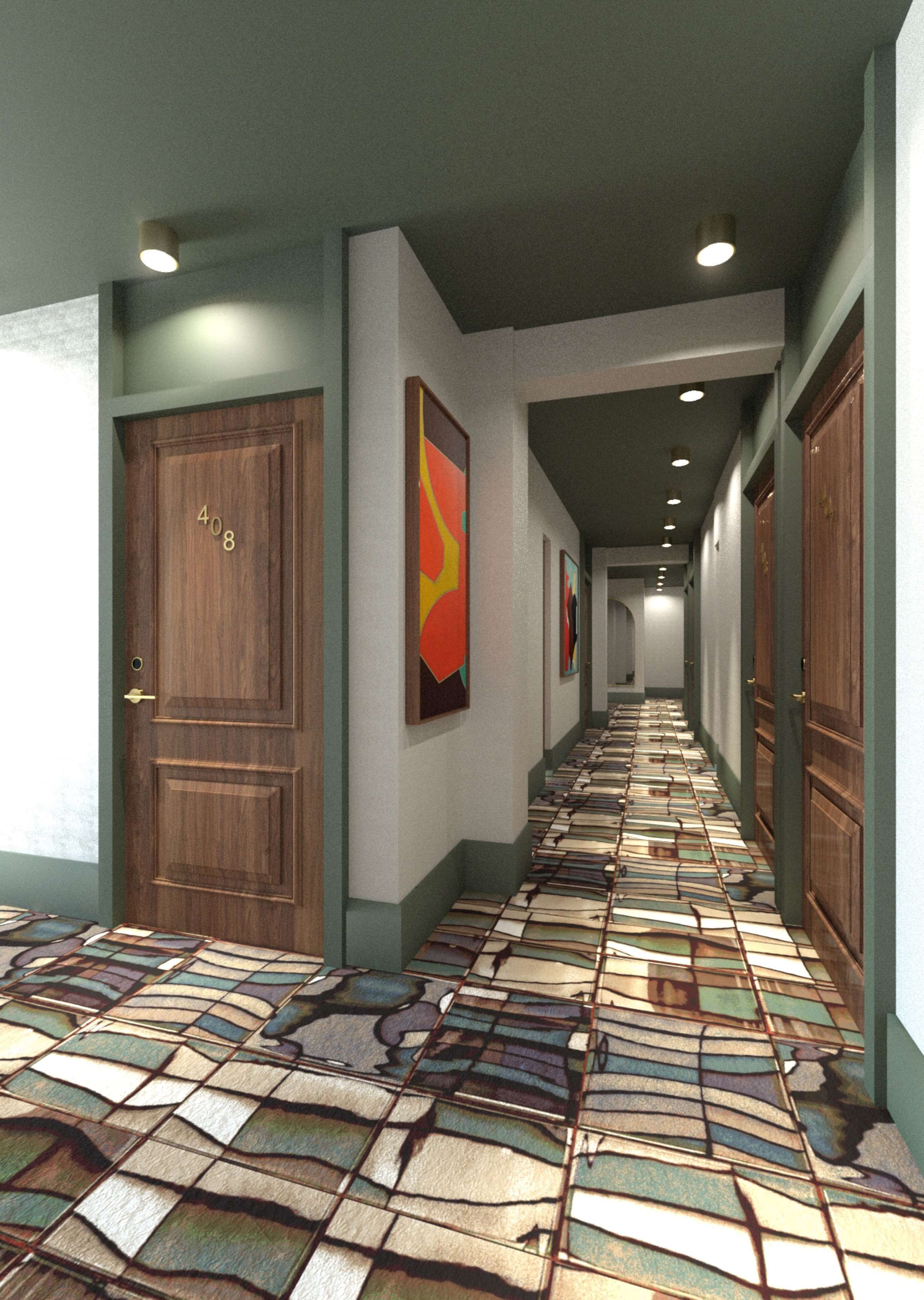 A hotel hallway with wooden doors, numbered 408, and colorful abstract wall art.