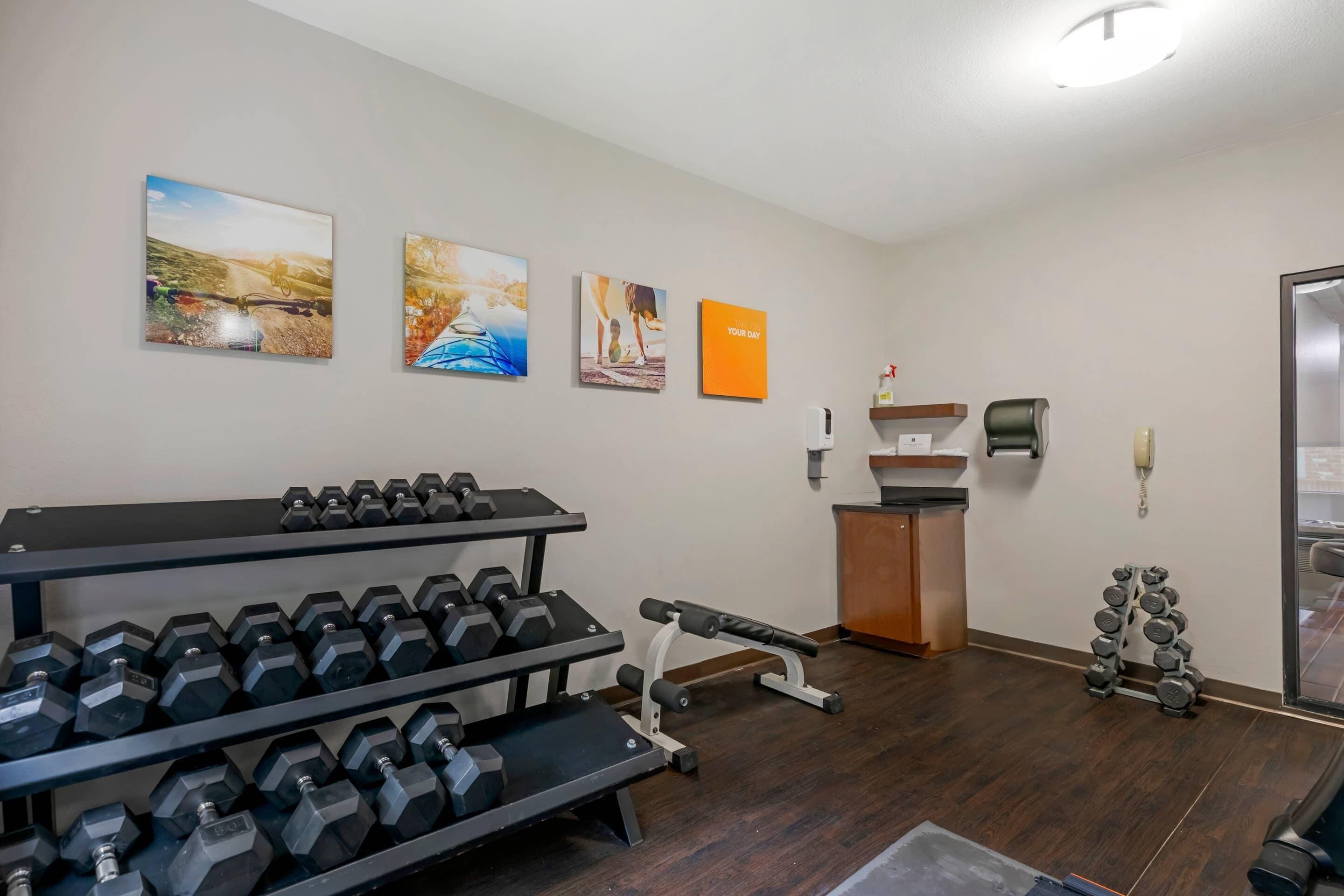 A gym with dumbbells, a bench, and exercise equipment.