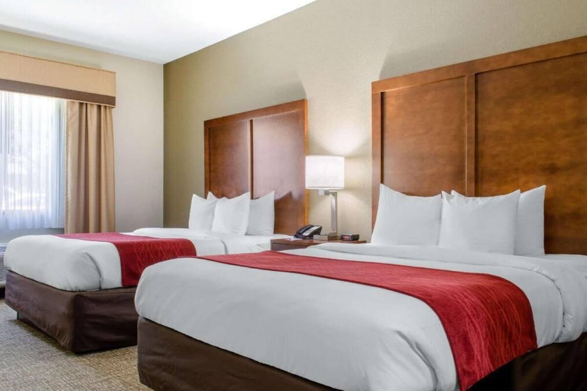 A hotel room with two beds, a bedside table with a lamp, and a window with curtains.