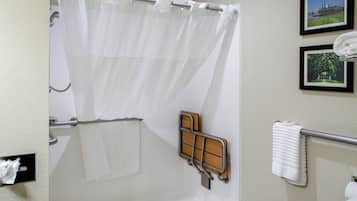 Un baño con cortina de ducha, un perchero y dos cuadros en la pared.