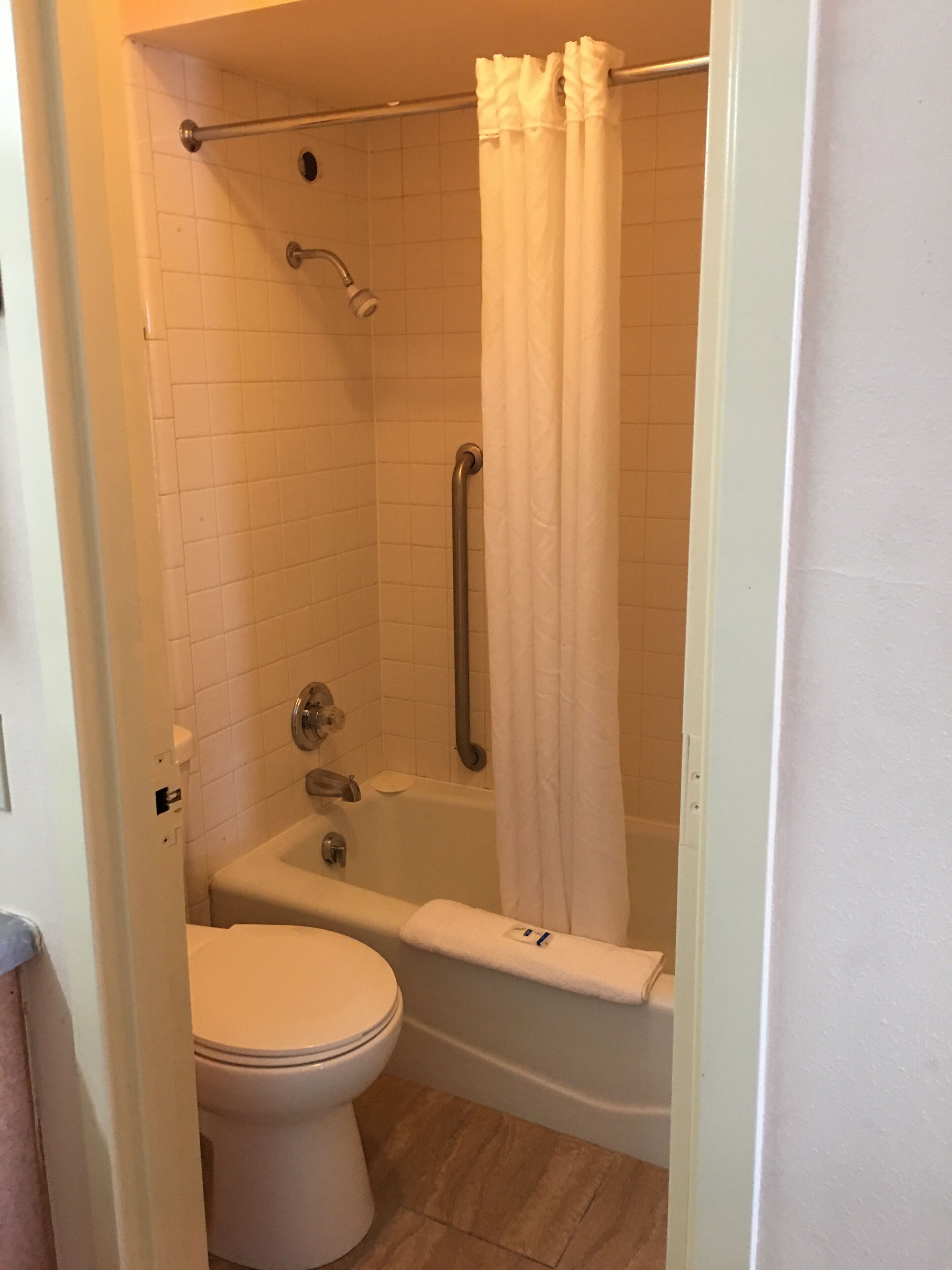 A bathroom with a toilet, a bathtub, and a shower with a grab bar.